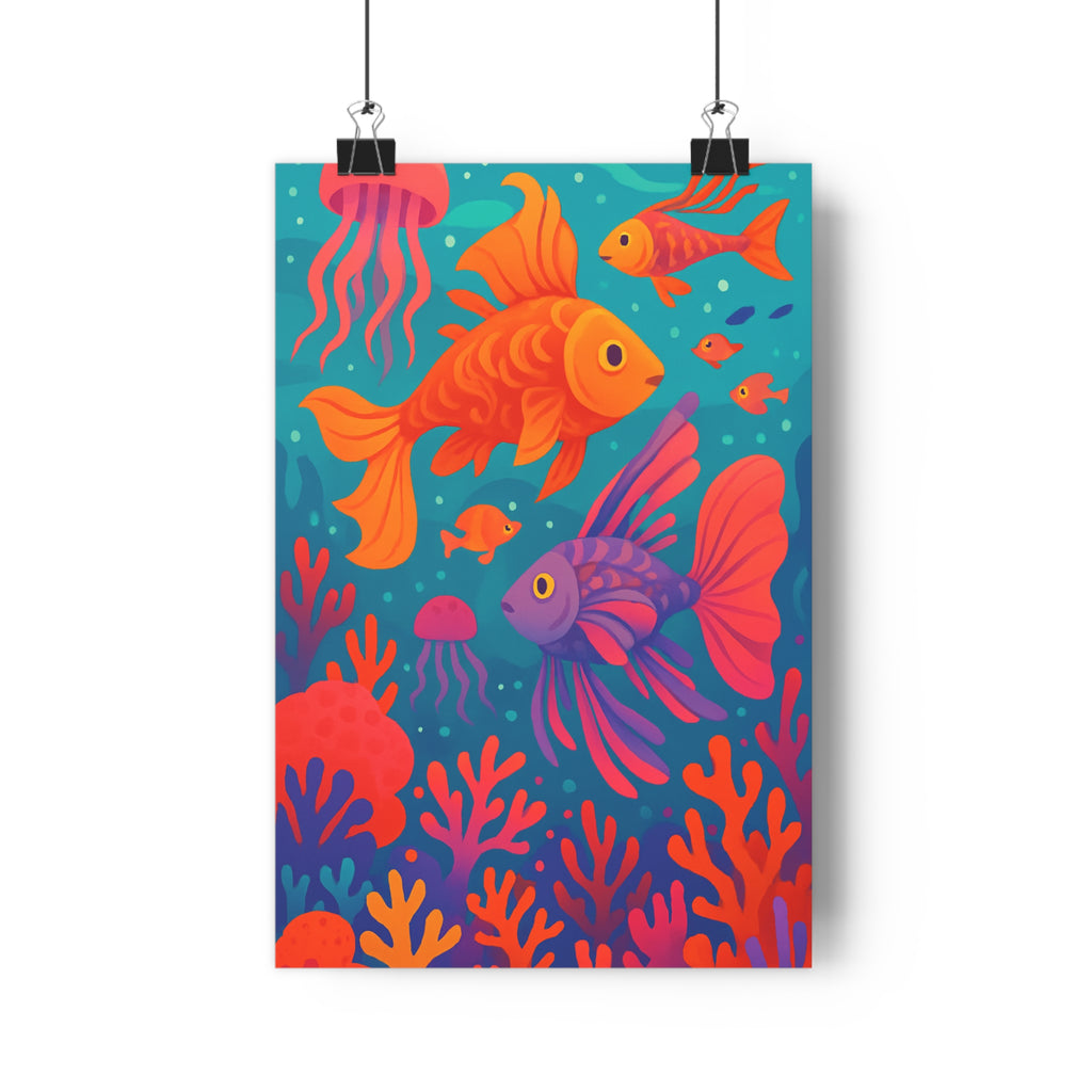 Poster décoratif océan couleurs cartoon bleu orange rose chambre salon joyeux marin vibrant 30x46