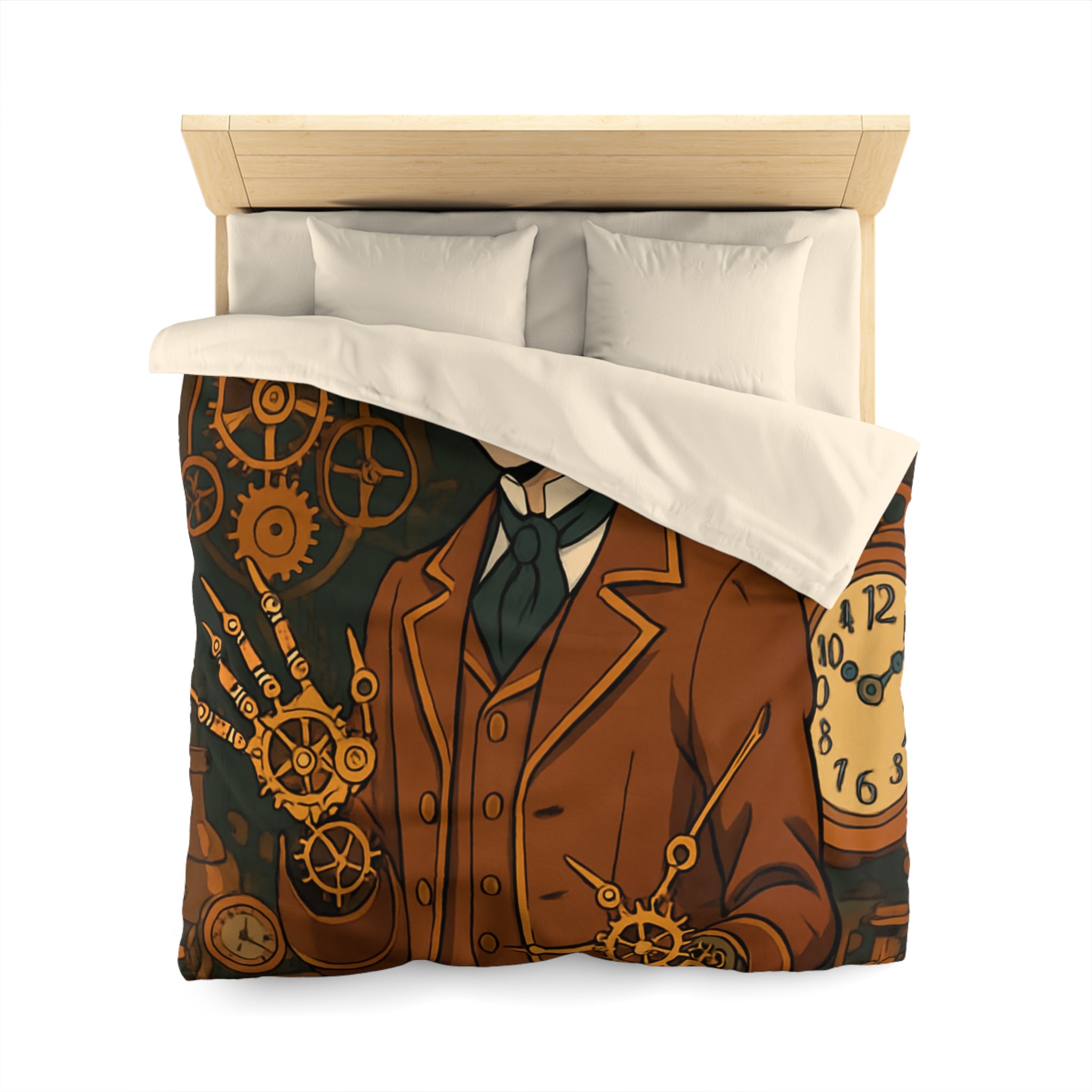 Housse de couette steampunk avec horloges et personnage stylé en tenue victorienne
