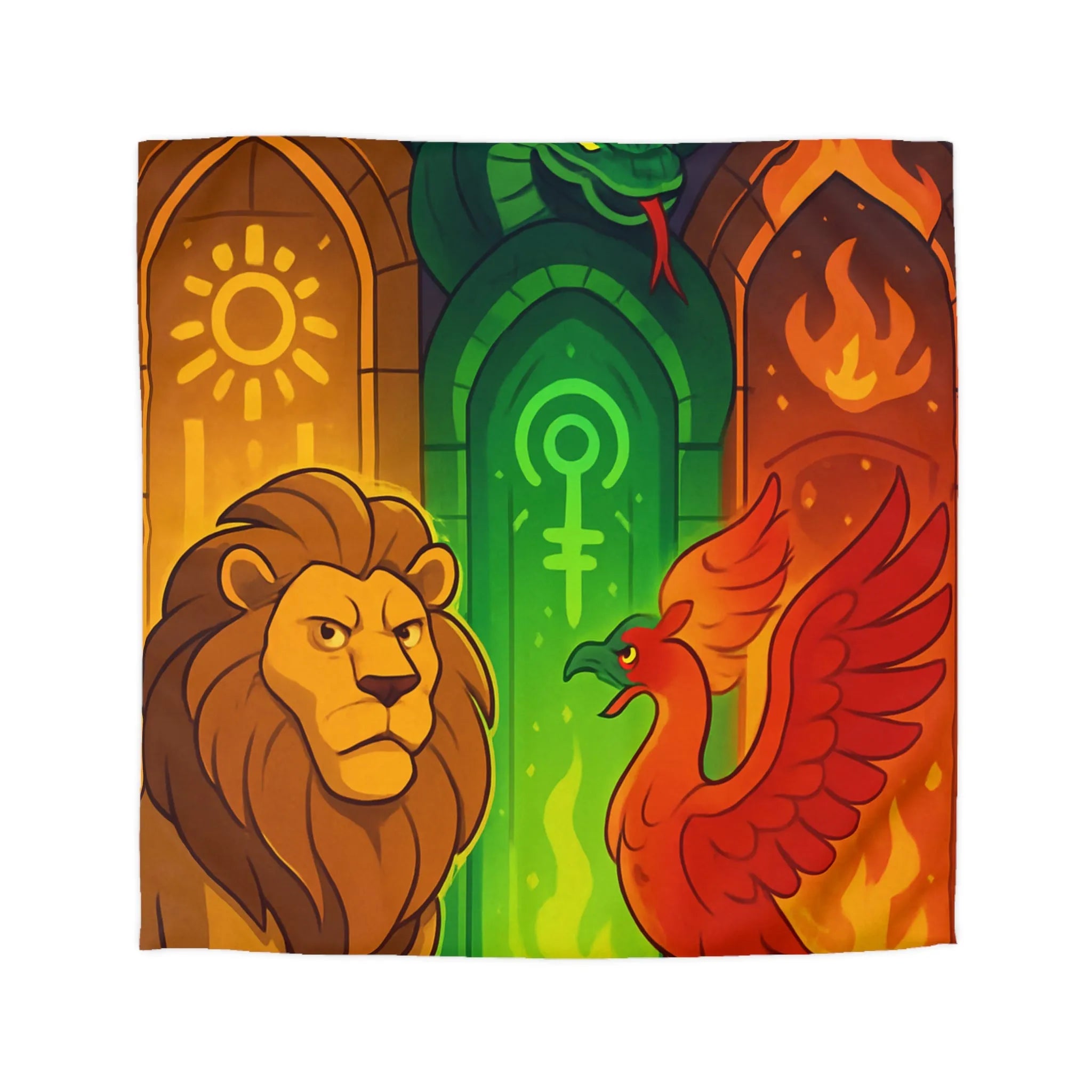 Housse de couette avec motifs lion, serpent et phénix sur fond médiéval magique