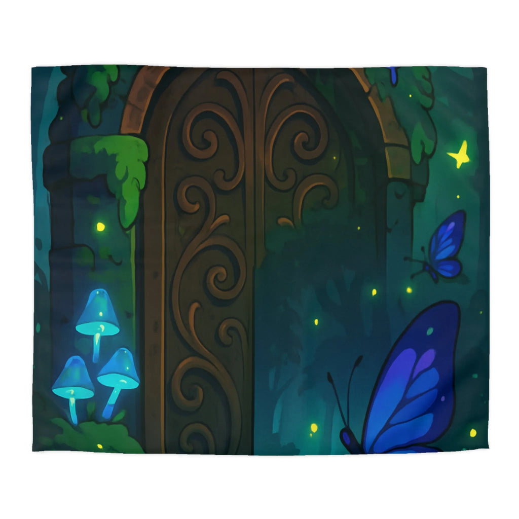 Housse de couette magique bleu papillons et porte en bois mystérieuse forêt enchantée