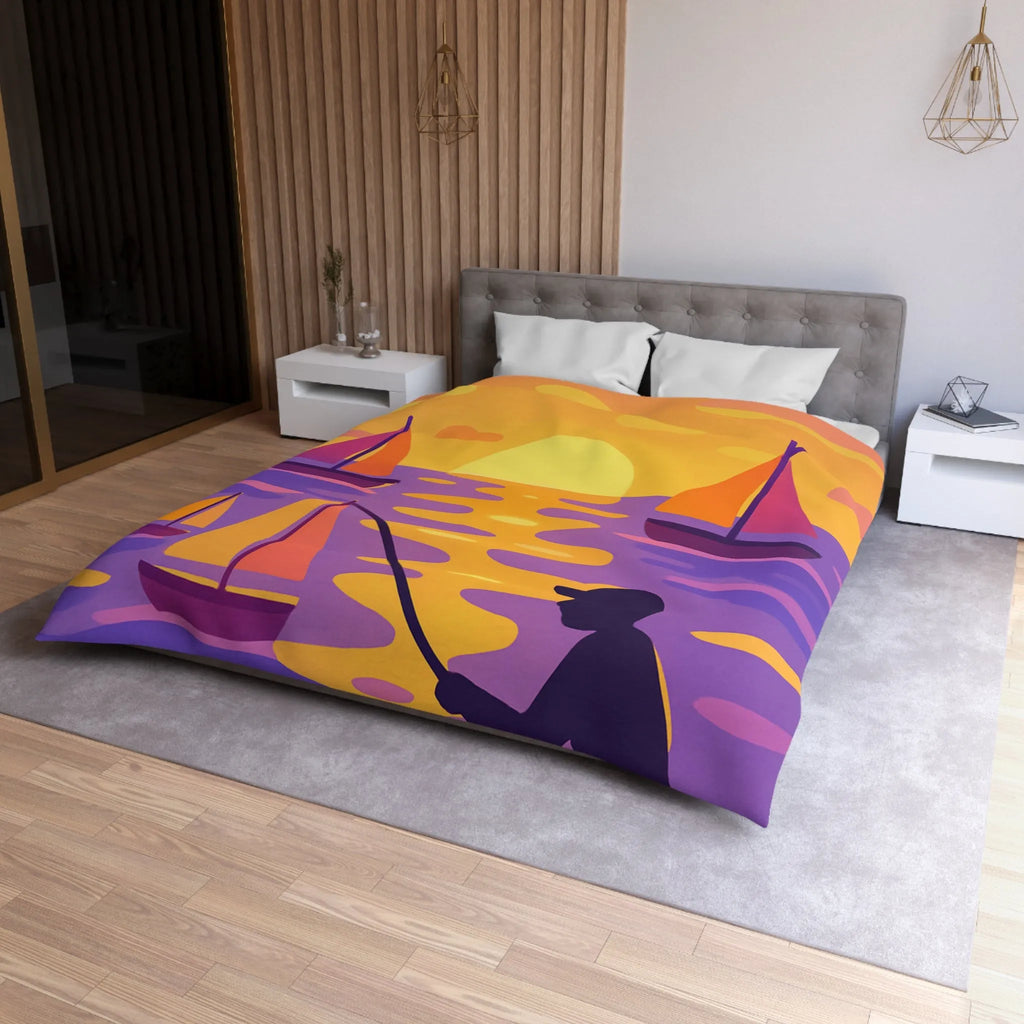 Housse de couette colorée avec voiliers et coucher de soleil magnifique au bord de l'eau