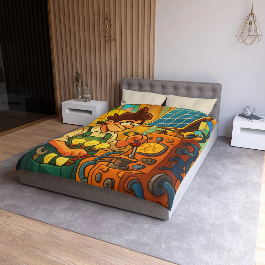 Housse de Couette Illustre Inventeur avec Machine Énergétique et Vitrail Coloré Artistique