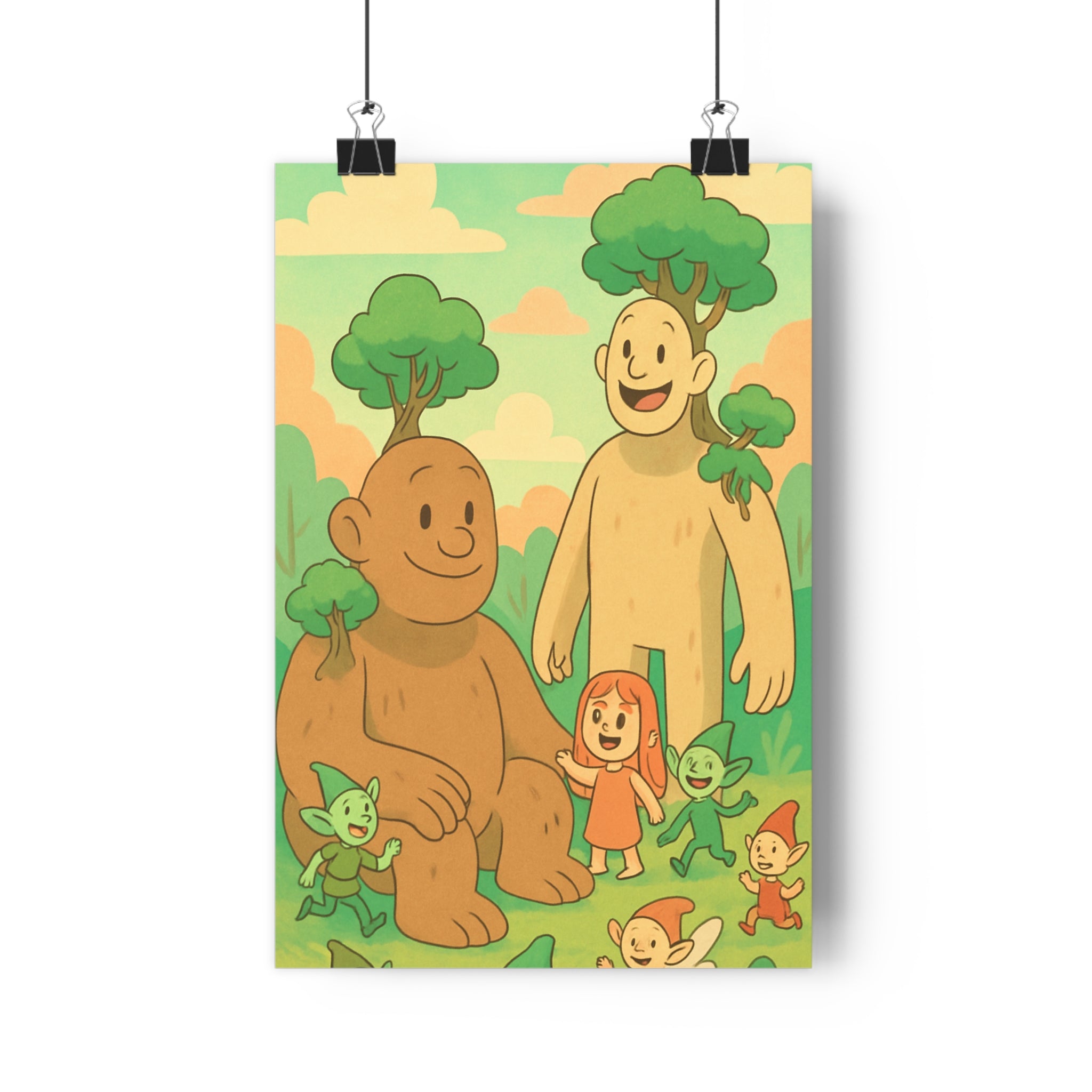 Poster décoratif fantastique géant nain pastel vert beige onirique apaisant chambre enfant 30x46 qualité