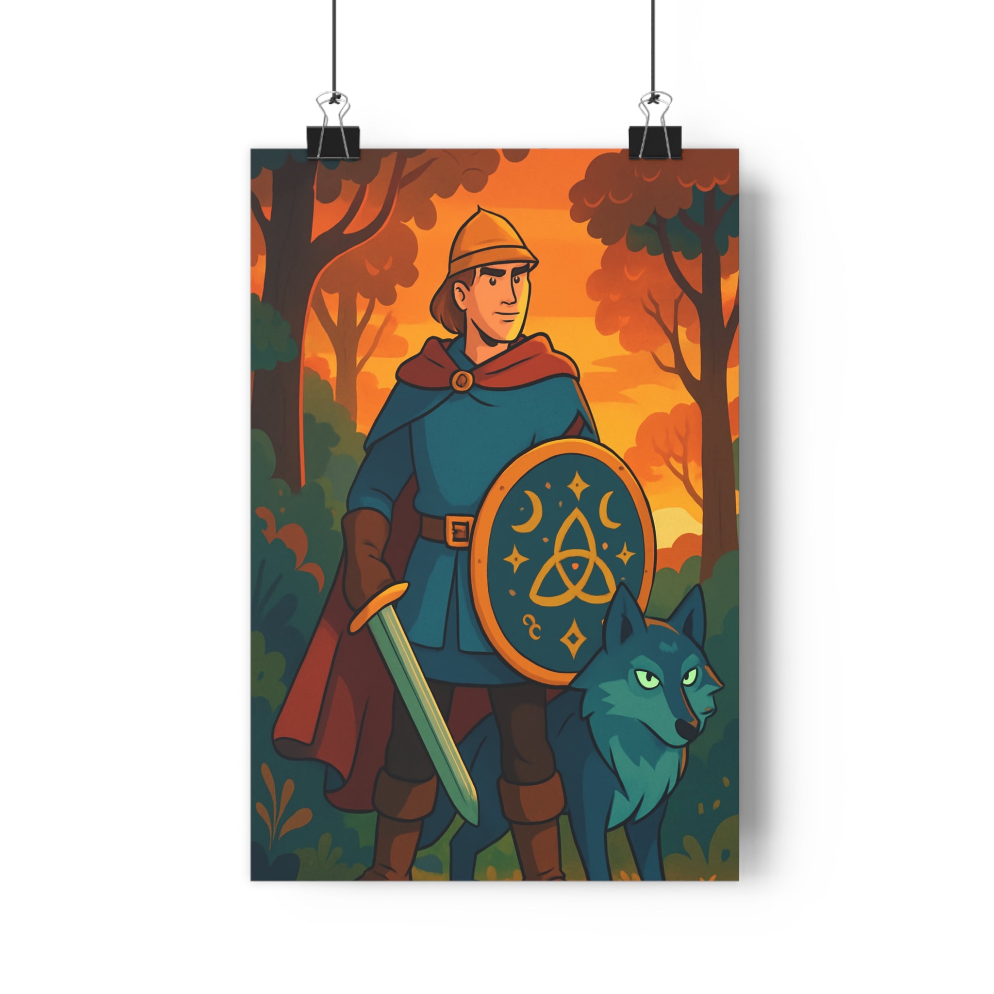 Poster décoratif épique mystique forêt vert orange anime chambre enfant aventure personnage loup symboles