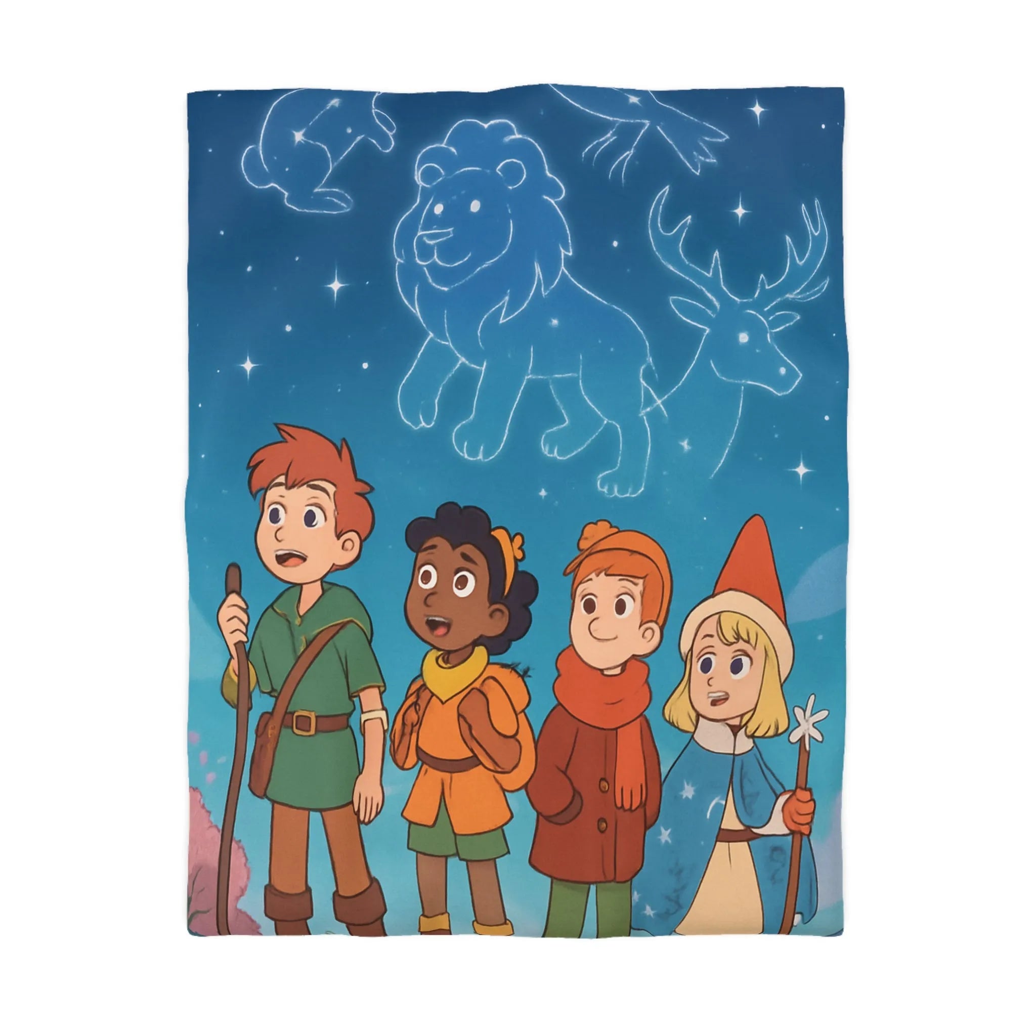 Housse de couette colorée avec enfants aventuriers et constellations nuit étoilée