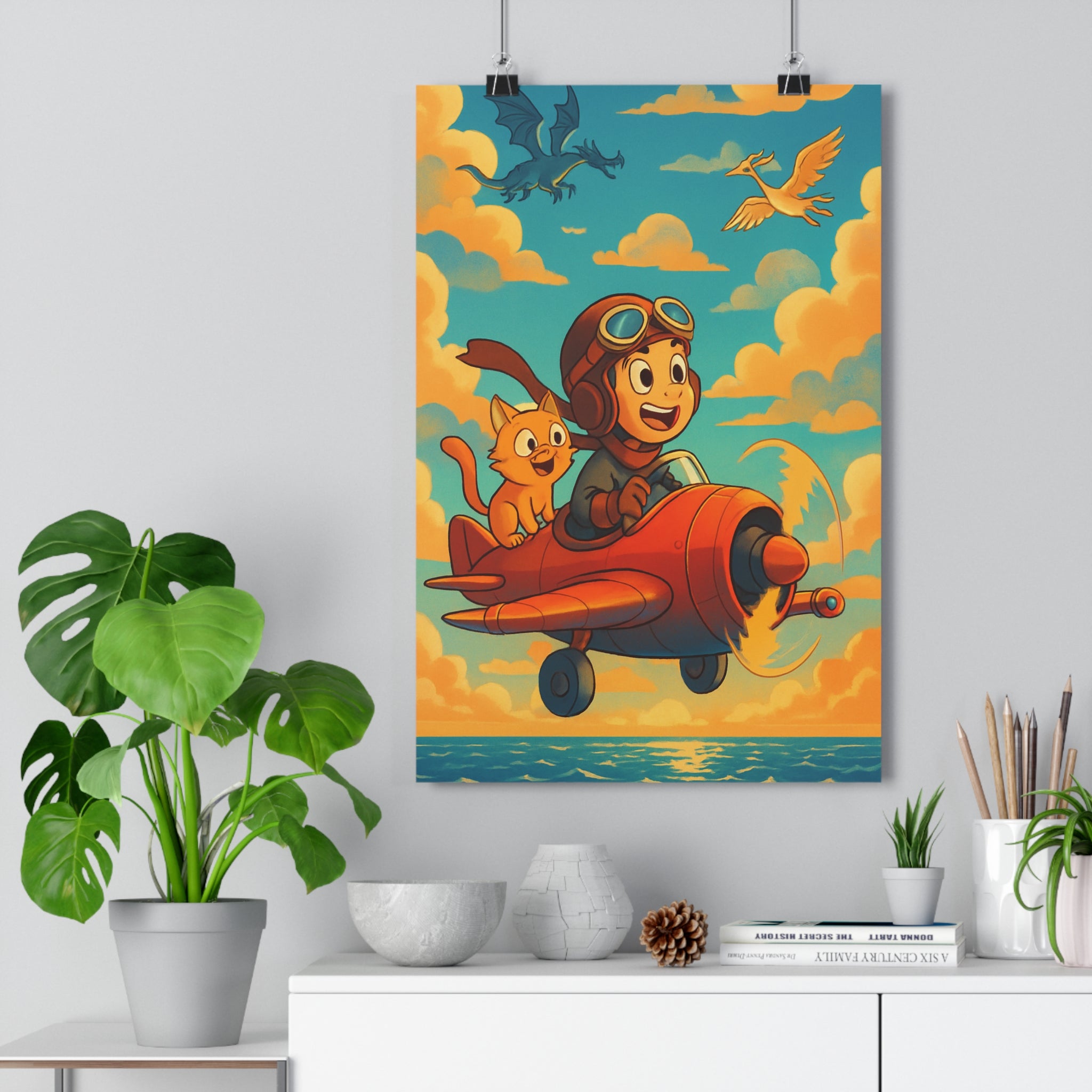 Poster décoratif aventure aérienne enfant joyeux coloré rouge bleu jaune chambre dynamique tendance moderne