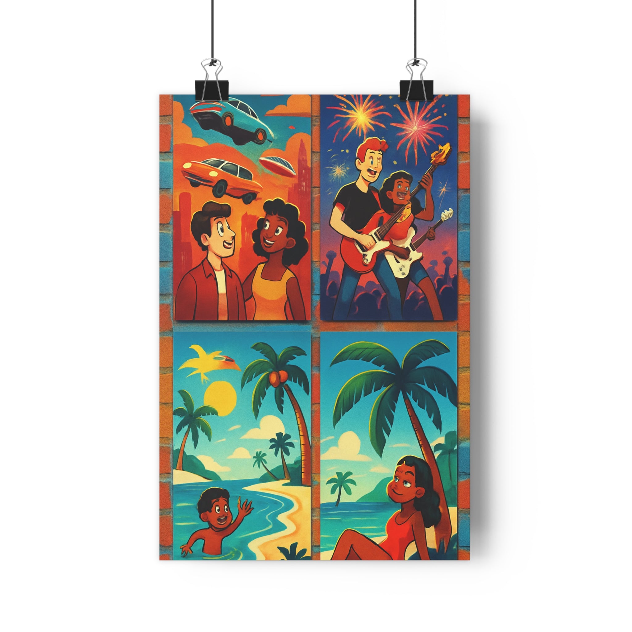 Poster décoratif éclectique vintage moderne cartoon vibrant orange bleu salon chambre joyeux ambiance artistique