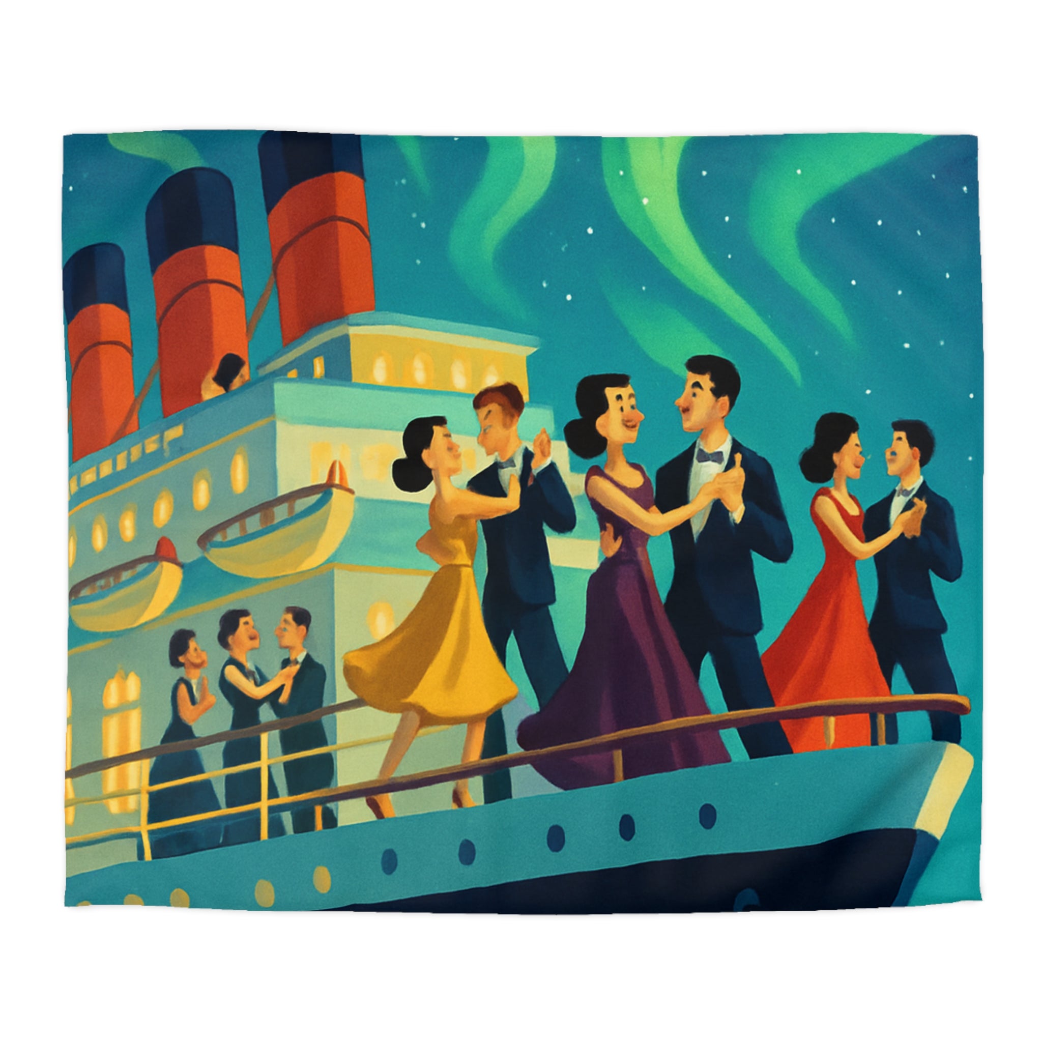 Housse de couette rétro dance nocturne aurores boréales croisière bateau élégant