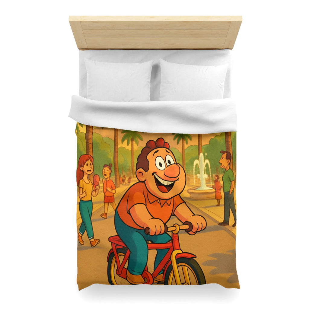 Housse de Couette Cartoon Joyeuse avec Cycliste dans un Parc Tropical et Fontaine