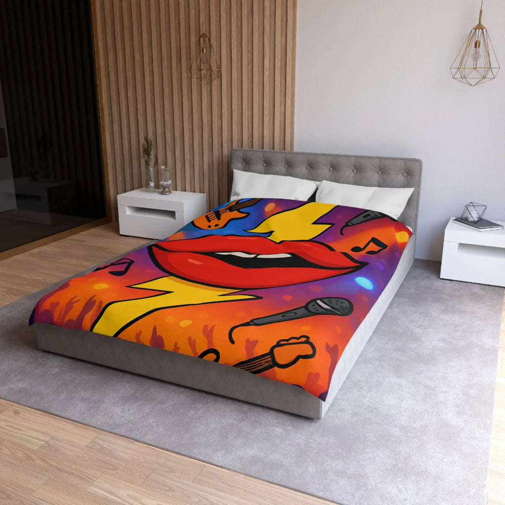 Housse de couette design rock multicolore avec lèvres éclairs, micros et guitares