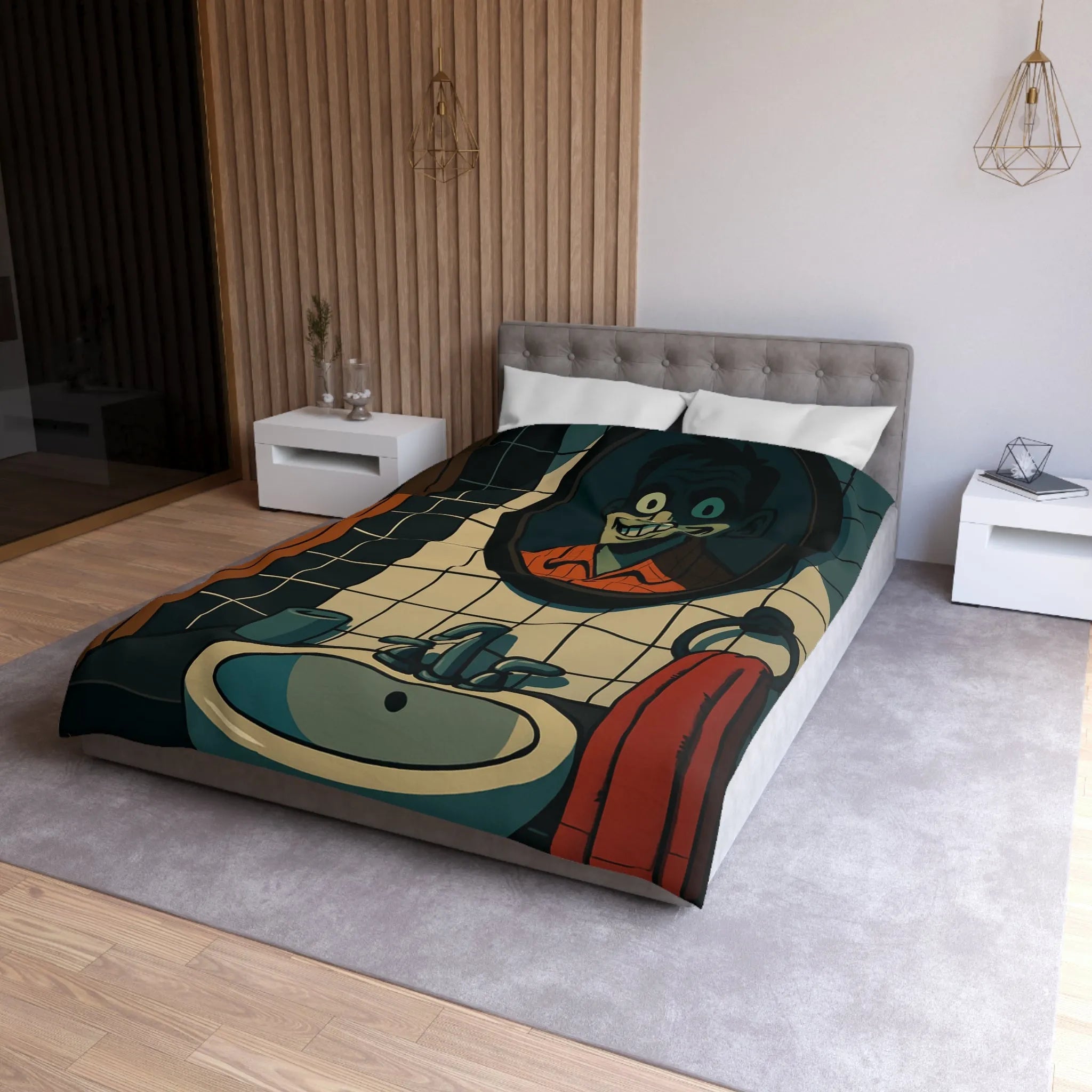 Housse de couette graphique avec dessin animé miroir effrayant et carreaux de salle de bain