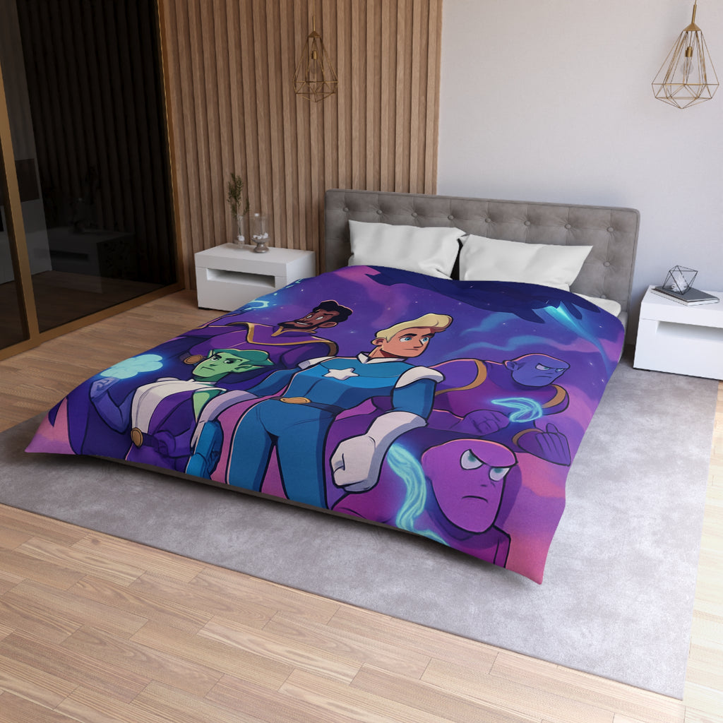 Housse de couette spatiale avec héroïques personnages animés sous vaisseau intergalactique étoilé