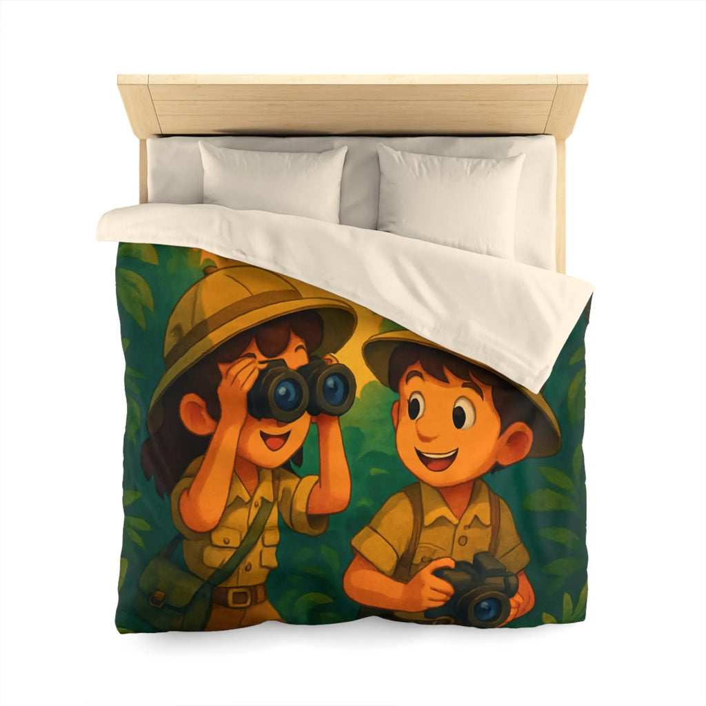 Housse de couette jungle colorée avec enfants explorateurs, perroquet et éléphant mignon