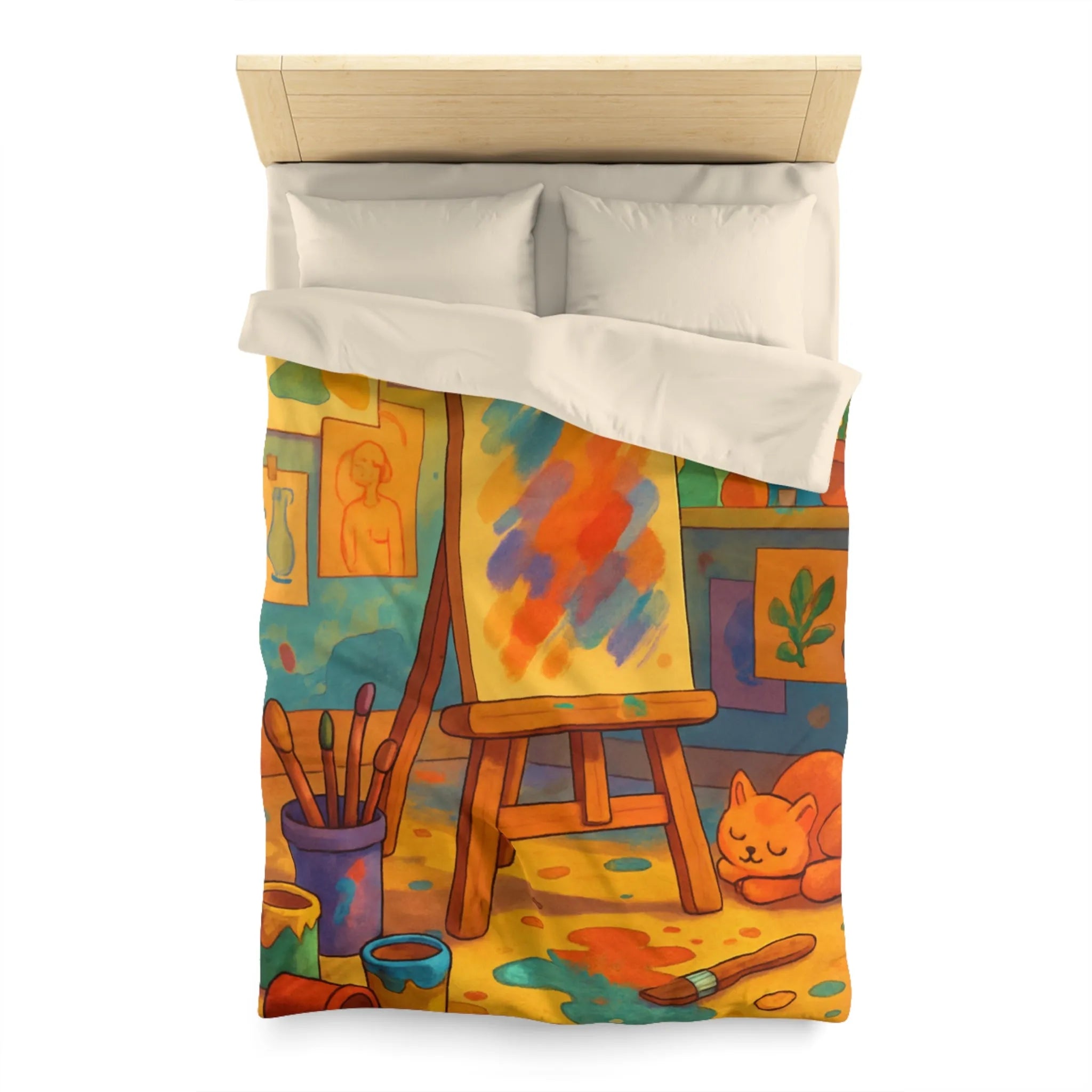 Housse de couette artistique colorée avec chevalet et chat pour une chambre cosy