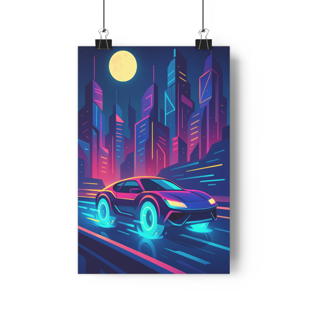 Poster décoratif futuriste néon bleu violet rose voiture ville dynamique salon chambre moderne qualité