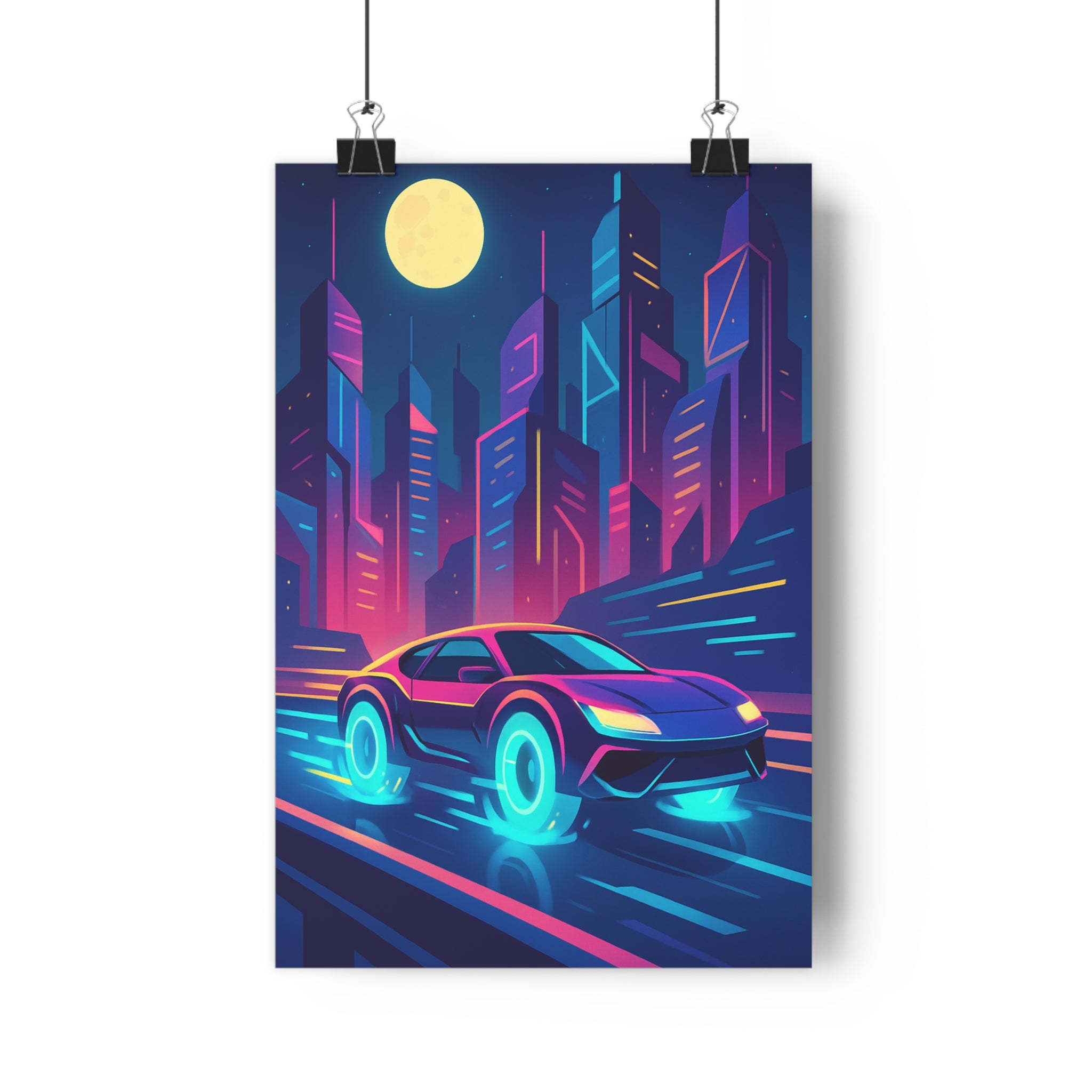 Poster décoratif futuriste néon bleu violet rose voiture ville dynamique salon chambre moderne qualité