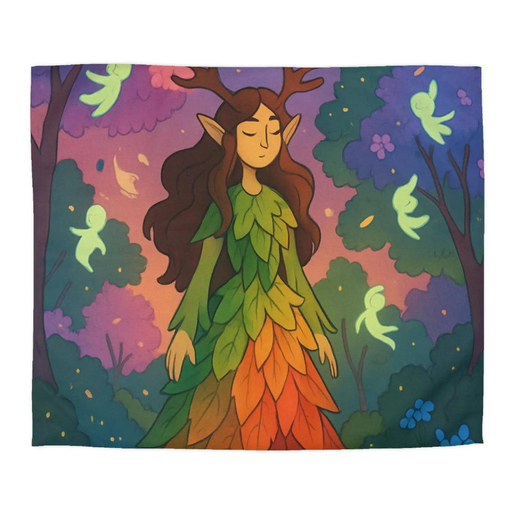 Housse de couette féerique forêt avec créatures lumineuses, design feuilles arc-en-ciel enchanteur