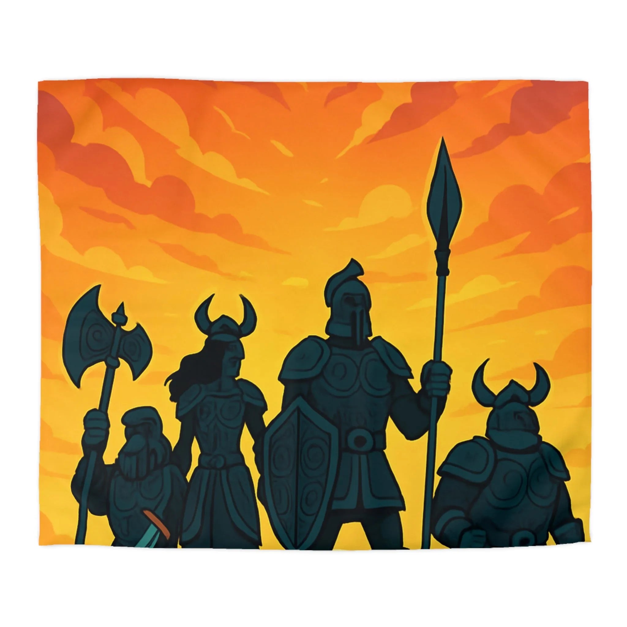 Housse de couette épique avec guerriers sous ciel flamboyant pour décoration médiévale