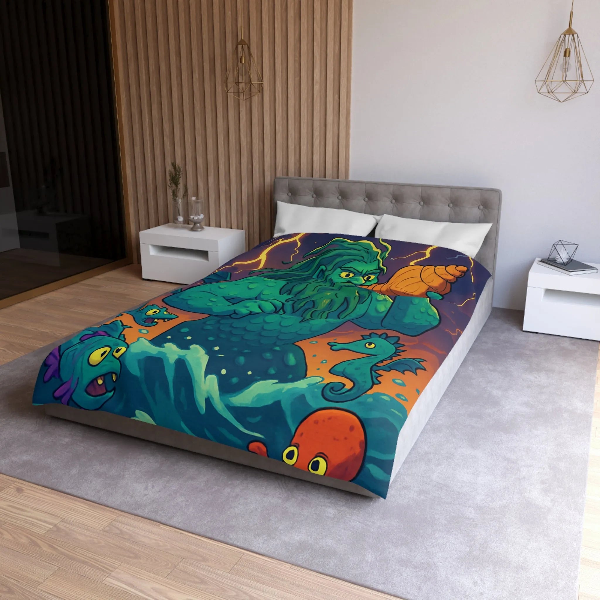 Housse de couette marine avec dessin de triton et créatures océaniques colorées enchanteurs