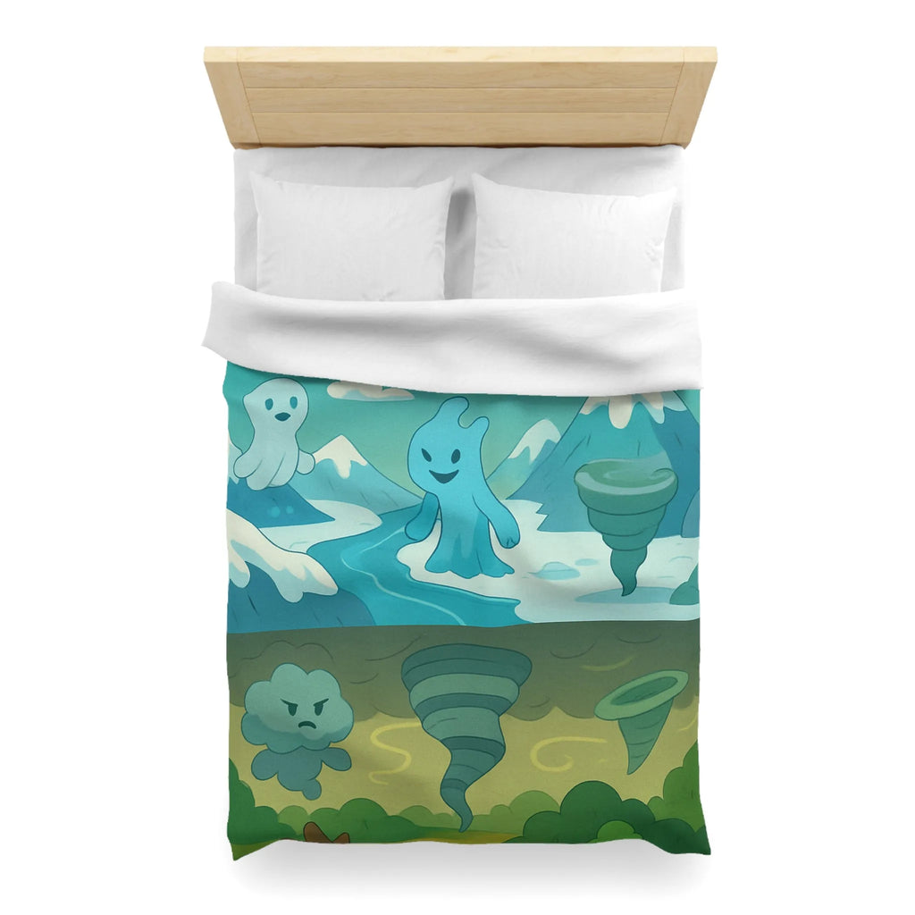 Housse de couette illustrant esprits élémentaires dans des paysages fantastiques vibrants et colorés