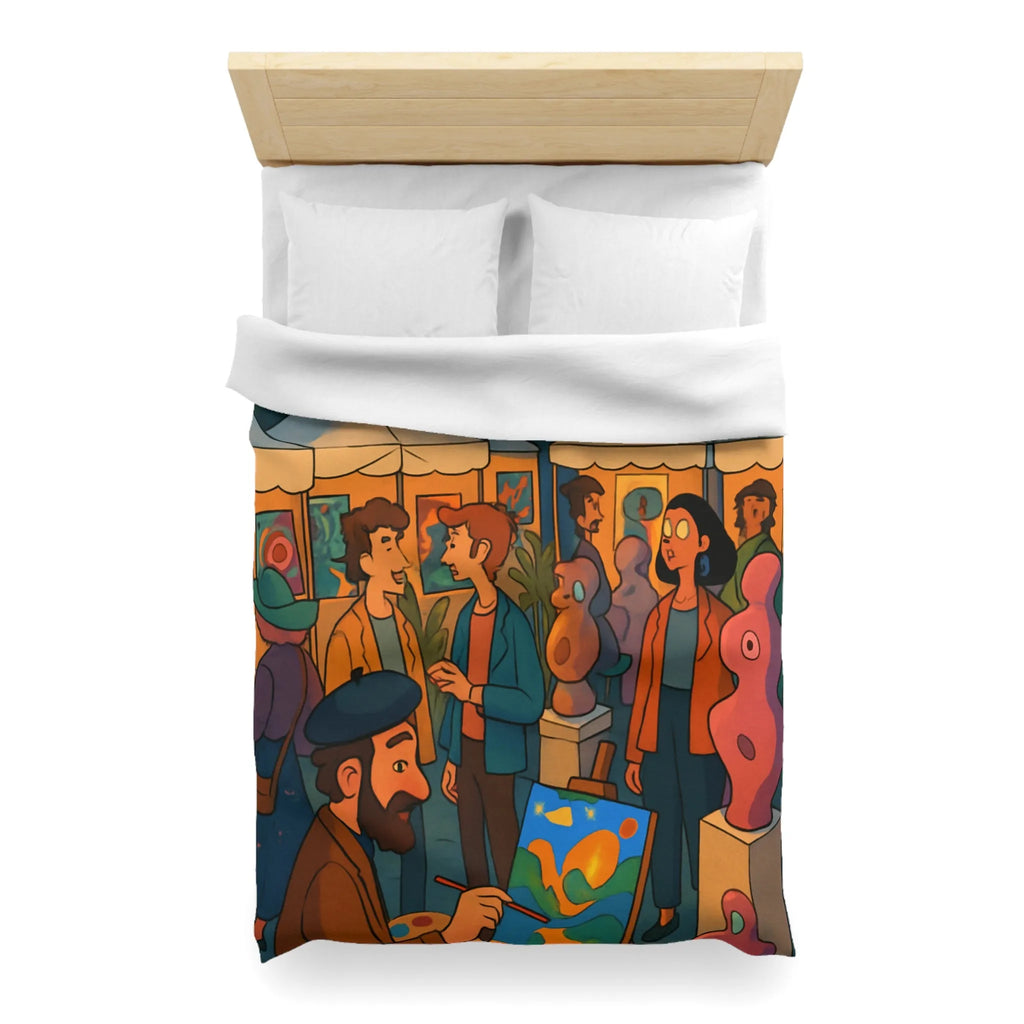 Housse de couette avec scène de marché nocturne animé et sculptures colorées