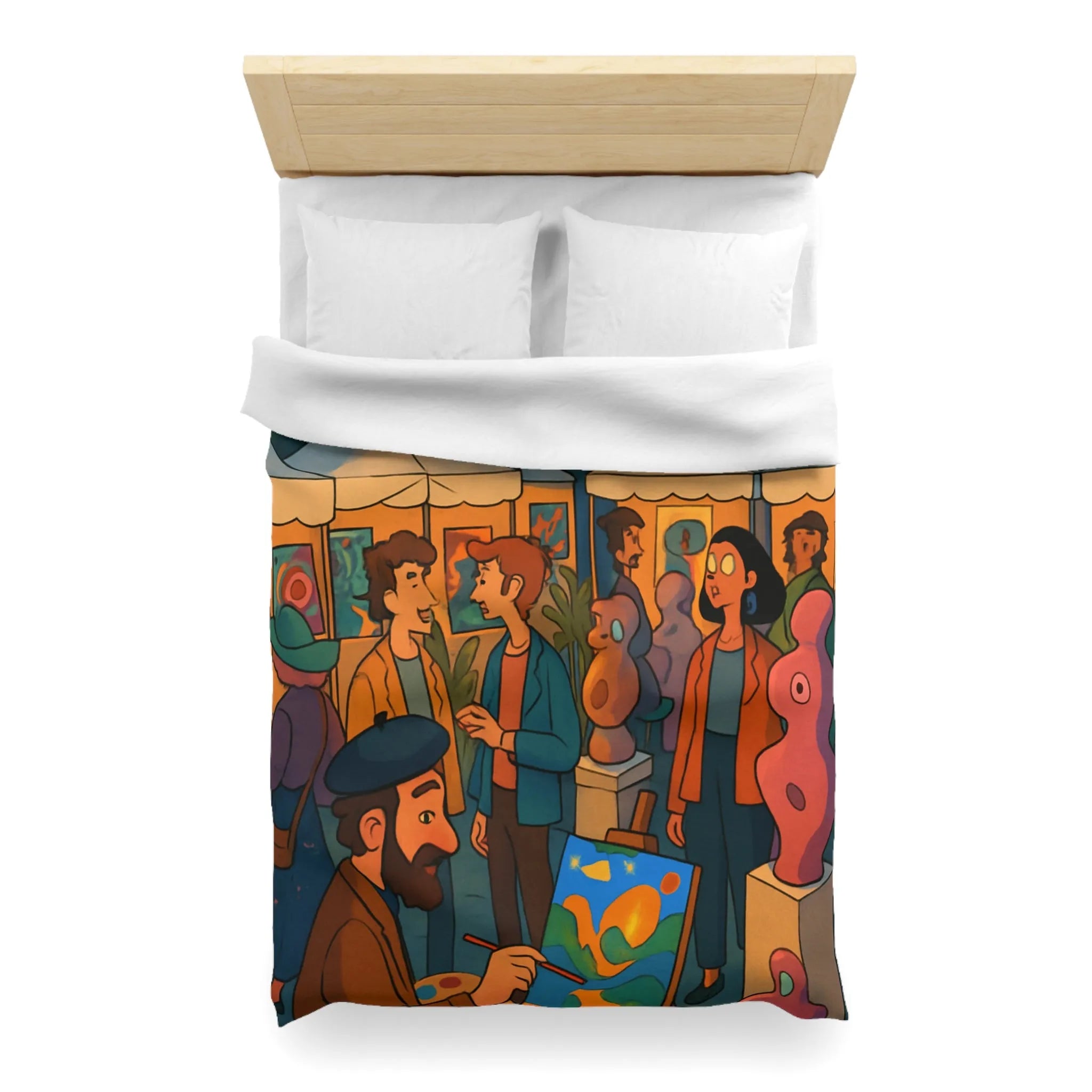Housse de couette avec scène de marché nocturne animé et sculptures colorées