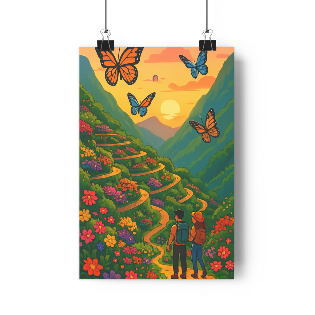 Poster décoratif paysage montagne cartoon couleurs vibrantes aventure enchantement salon chambre nature joyeux élégant