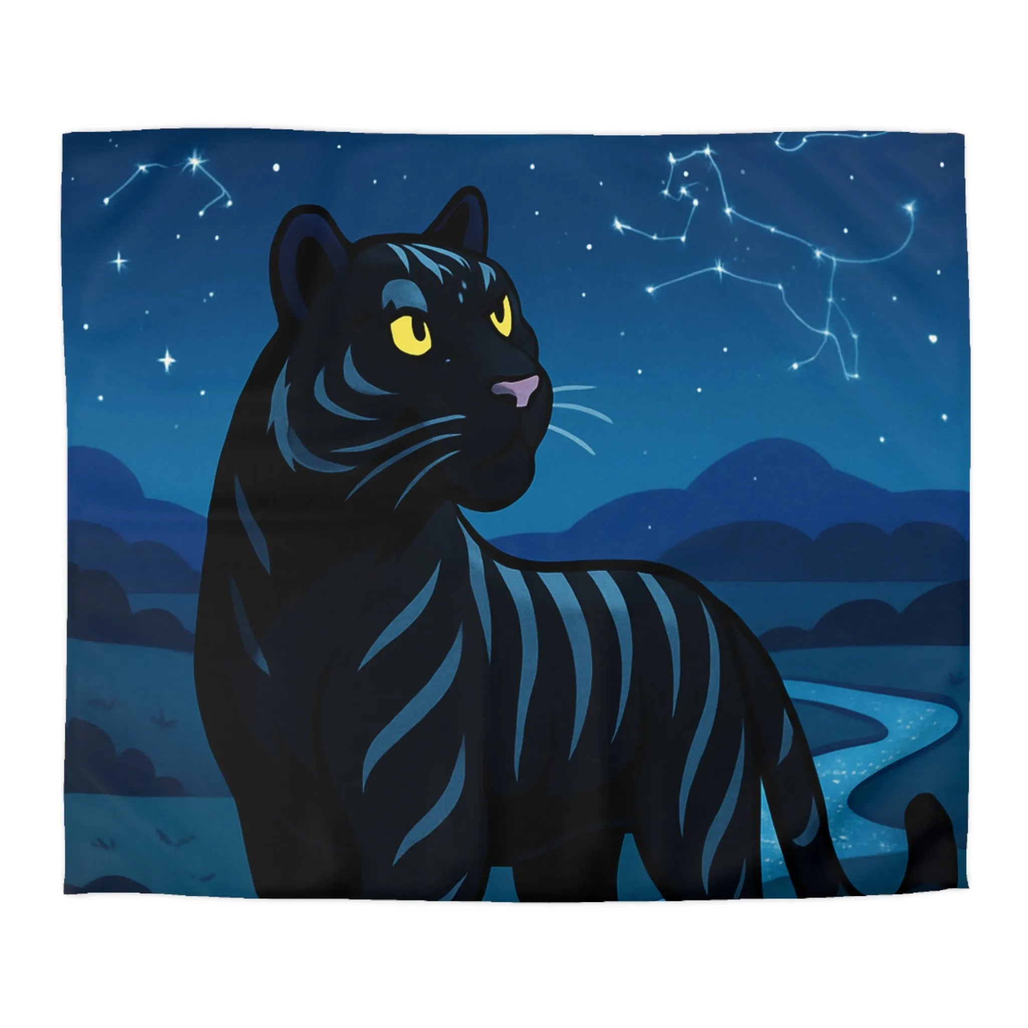 Housse de couette étoilée : Chat noir constellé sous une pleine lune éclatante