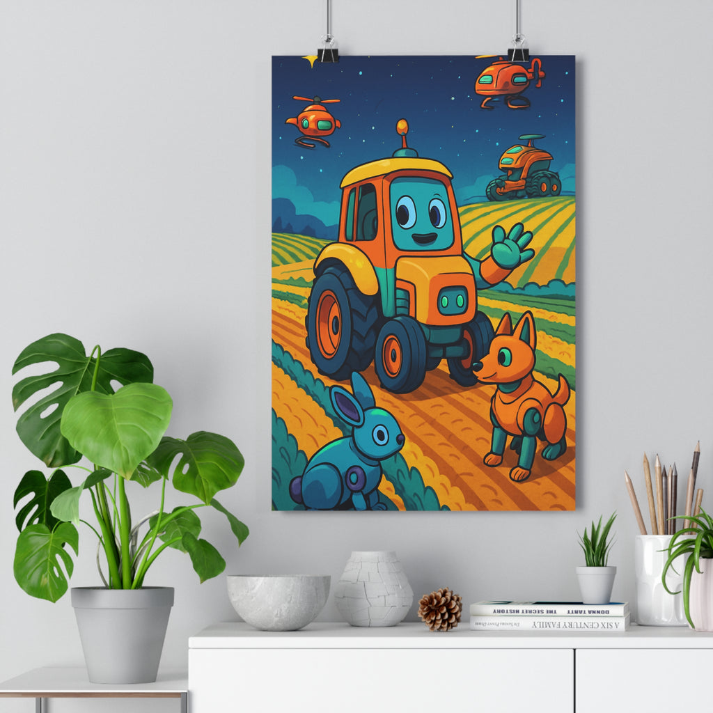 Poster décoratif enfant aventure jaune orange cartoon futuriste joyeux chambre art ciel fantaisie vibrant