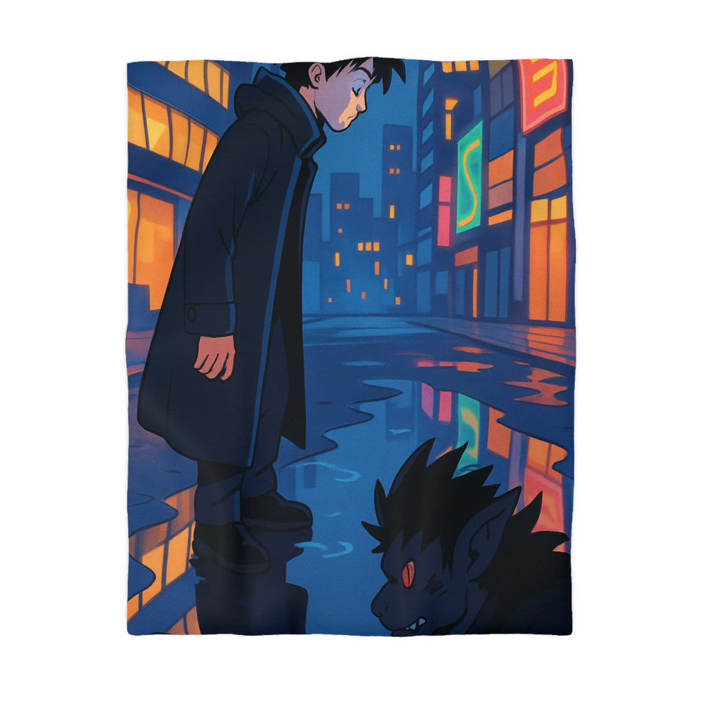 Housse de couette urbaine avec reflet mystérieux dans une rue animée la nuit