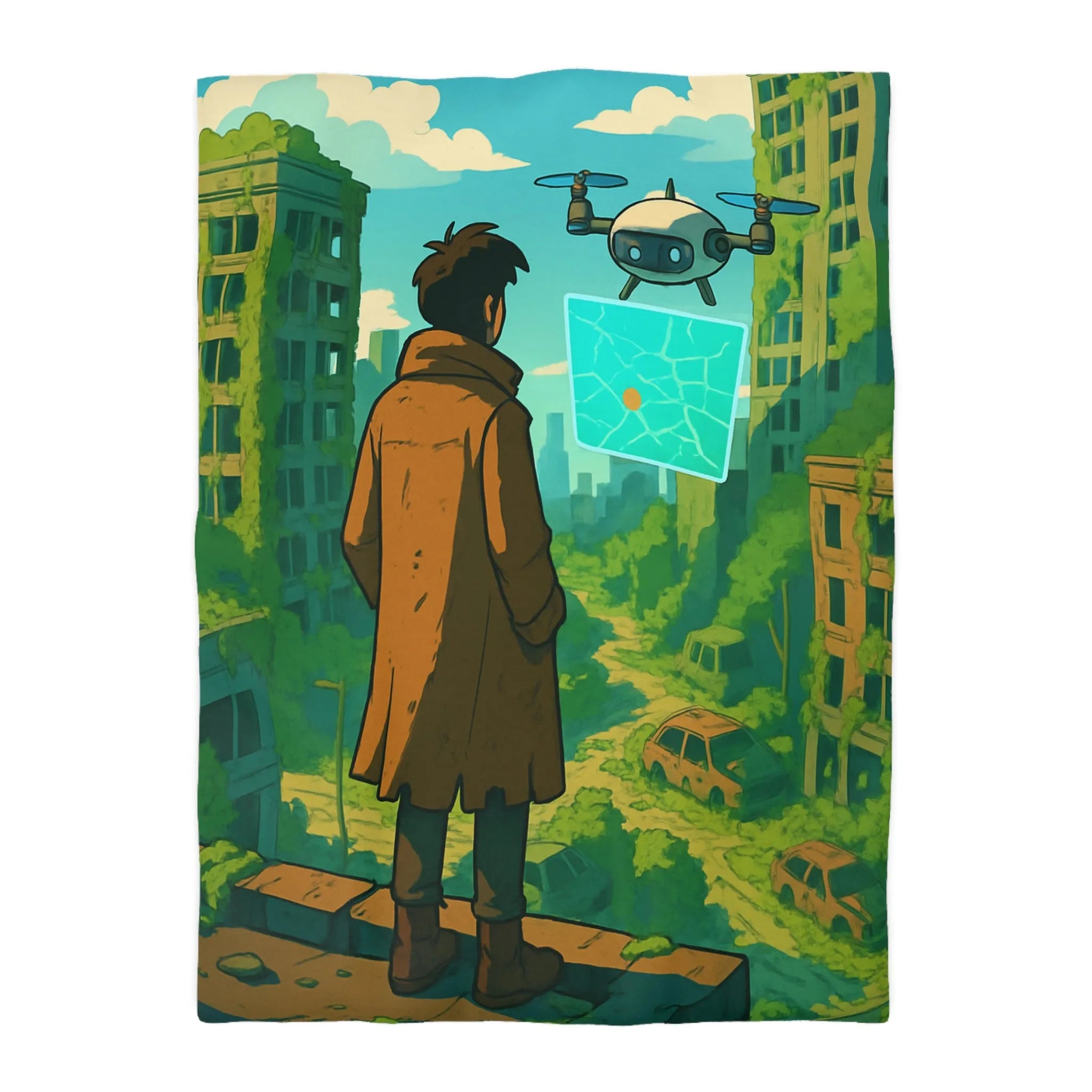 Housse de couette aventure post-apocalyptique avec drone et carte, style urbain nature