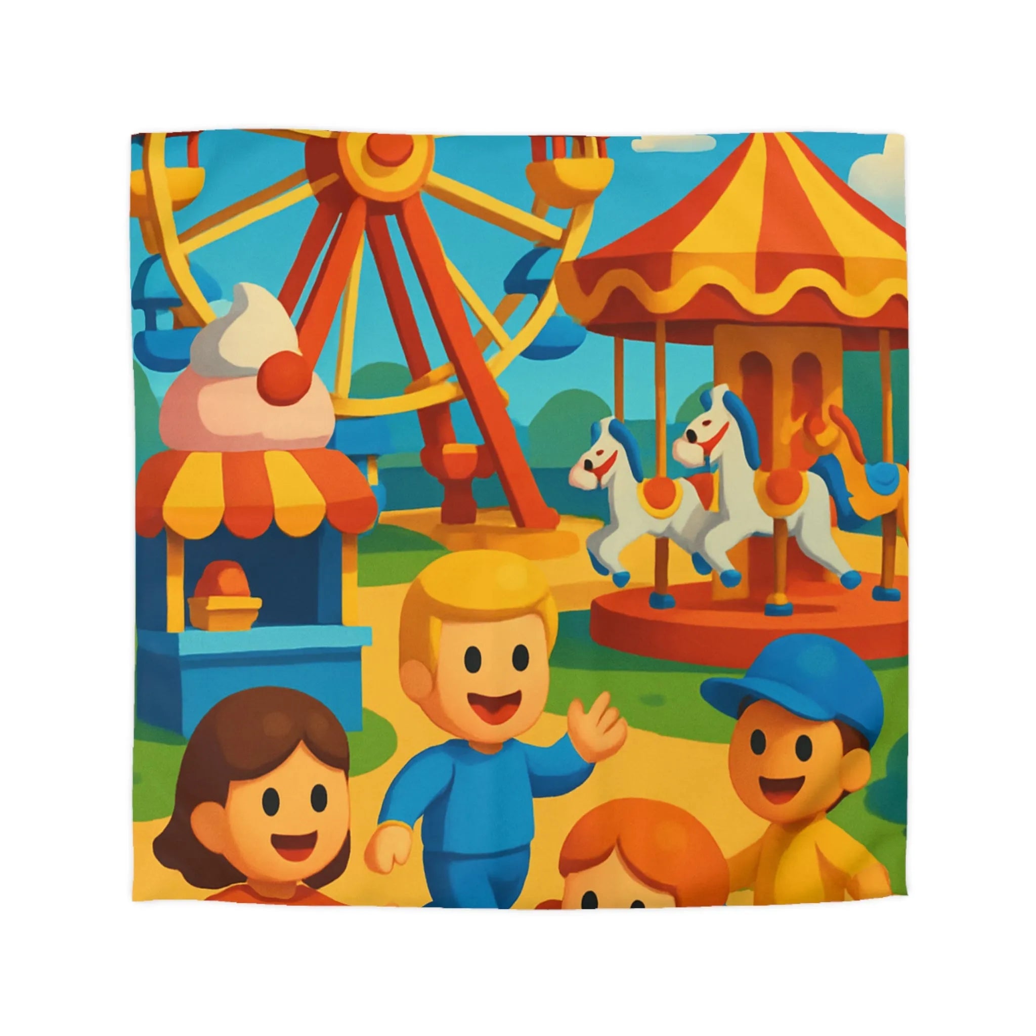 Housse de couette joyeuse avec motifs de fête foraine colorée et enfants souriants