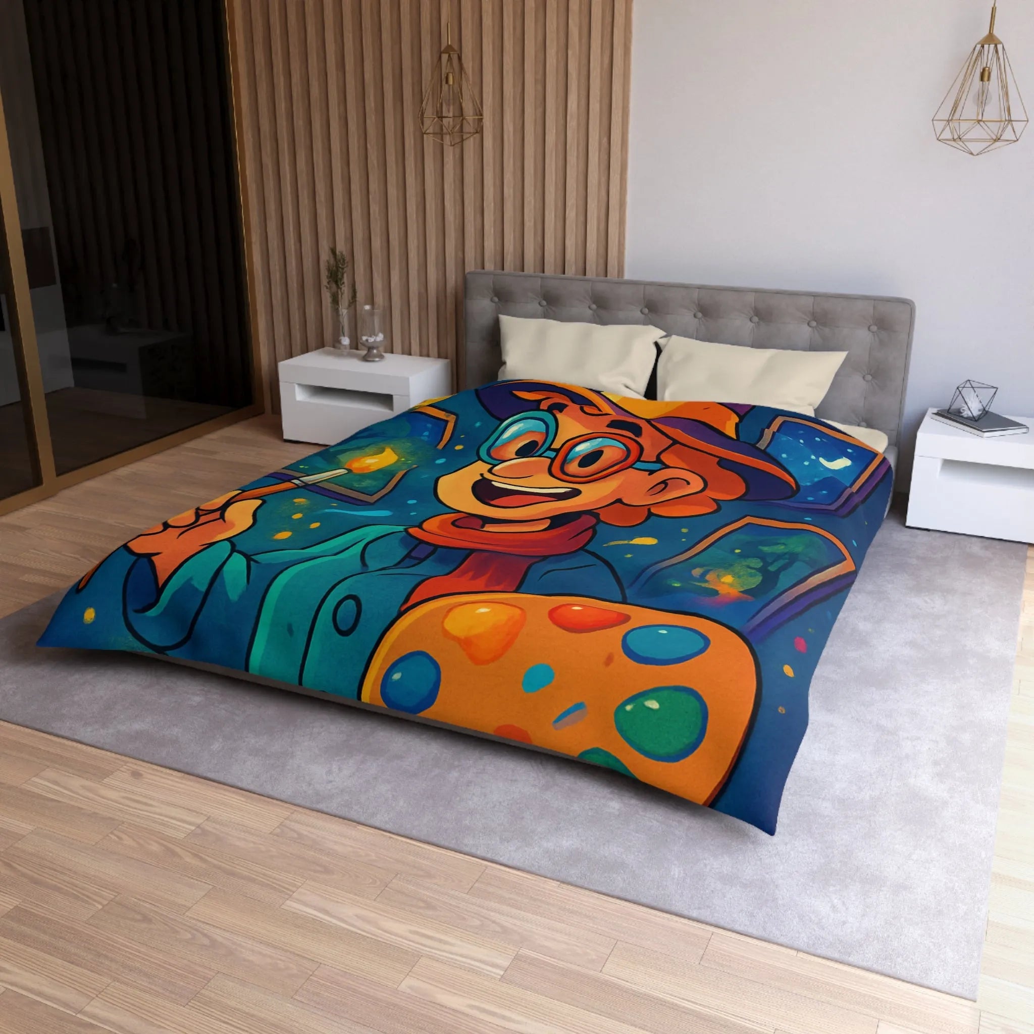 Housse de couette magique illustrée avec artiste en chapeau et palette lumineuse