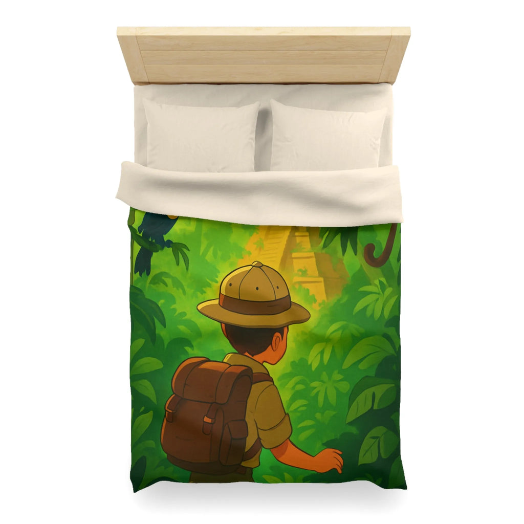 Housse de couette jungle avec aventurier, singe et toucan, ambiance explorateur