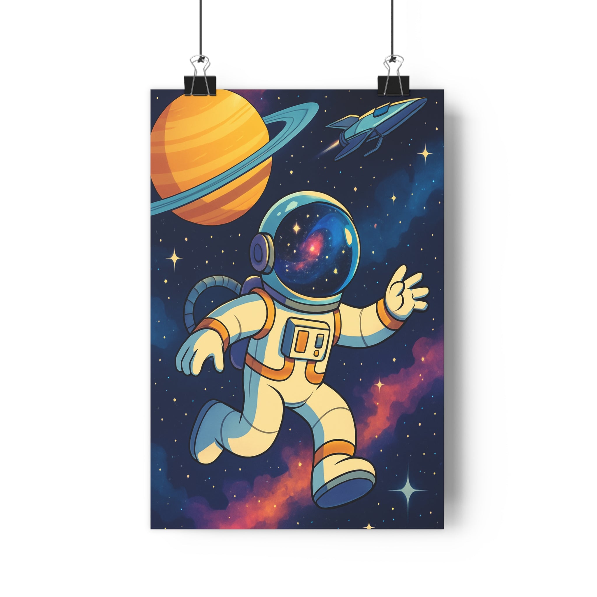 Poster décoratif astronaute cartoon blanc futuriste galaxie aventure enfant coloré planètes ciel étoilé qualité