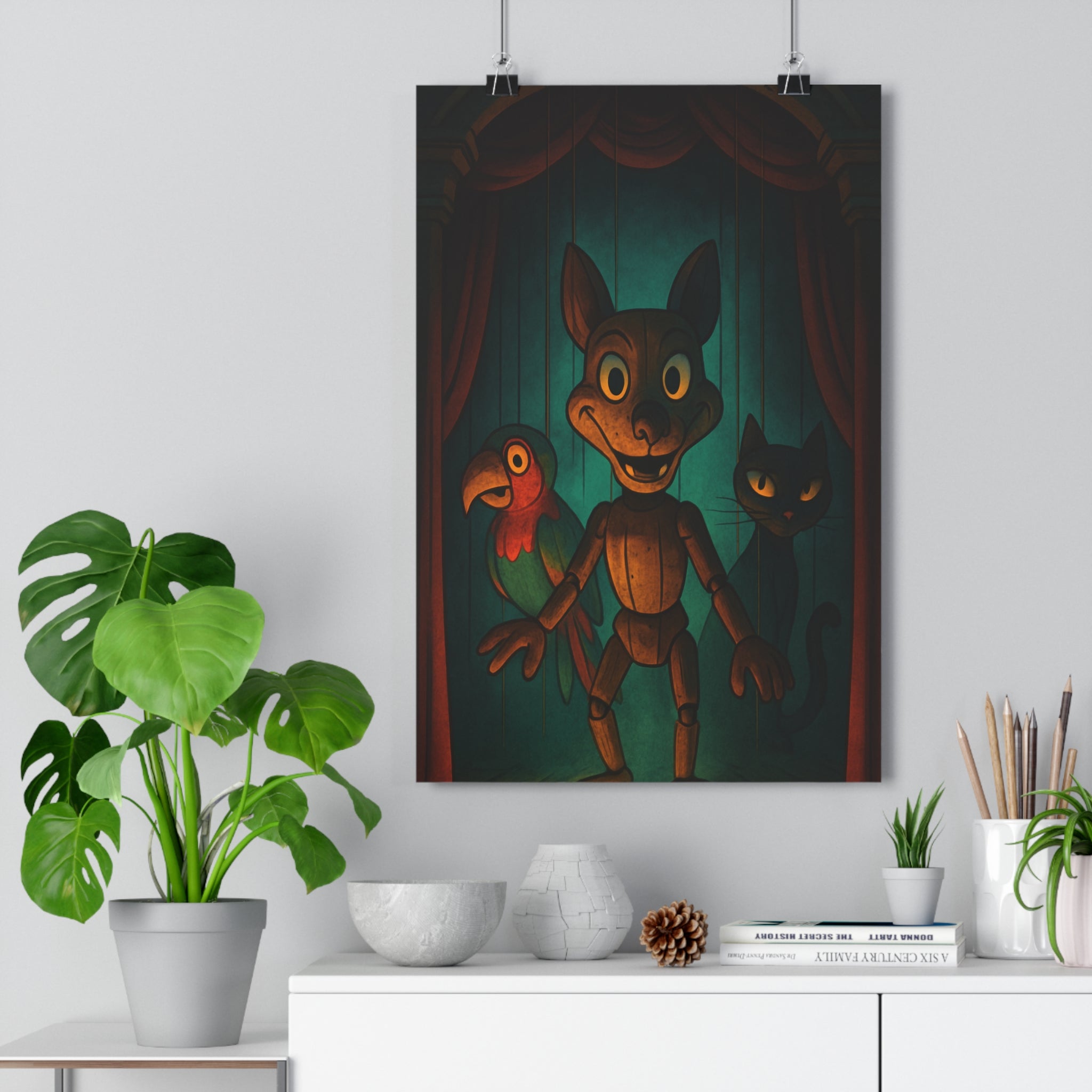 Poster décoratif animé mystérieux marionnette perroquet chat noir chambre enfant ambiance coloré 30x46 qualité