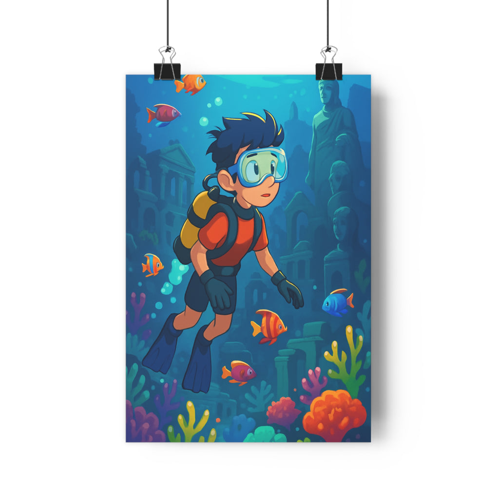 Poster décoratif aventure cartoon bleu vert chambre enfant ambiance mystique plongeur coraux vibrant 30x46