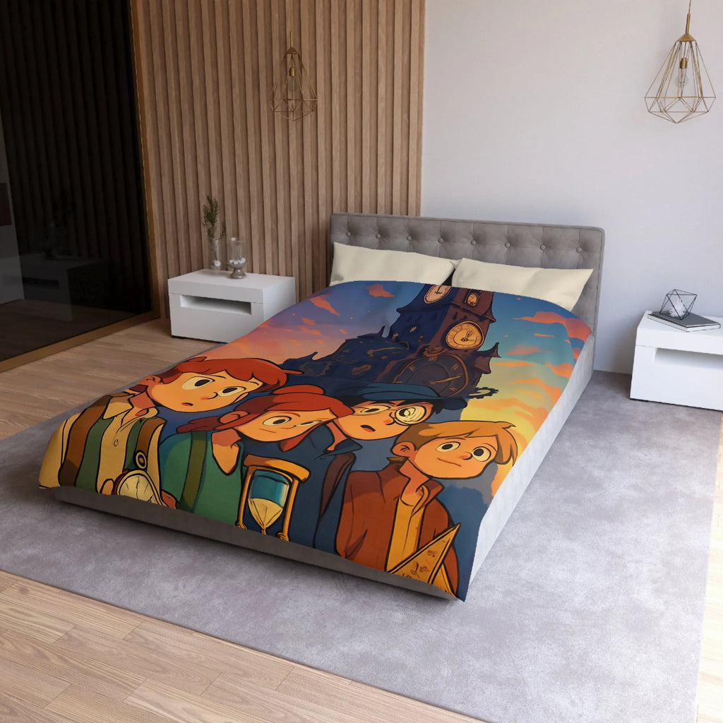 Housse de couette illustrée aventure jeunesse horloges coucher de soleil style animé vibrant