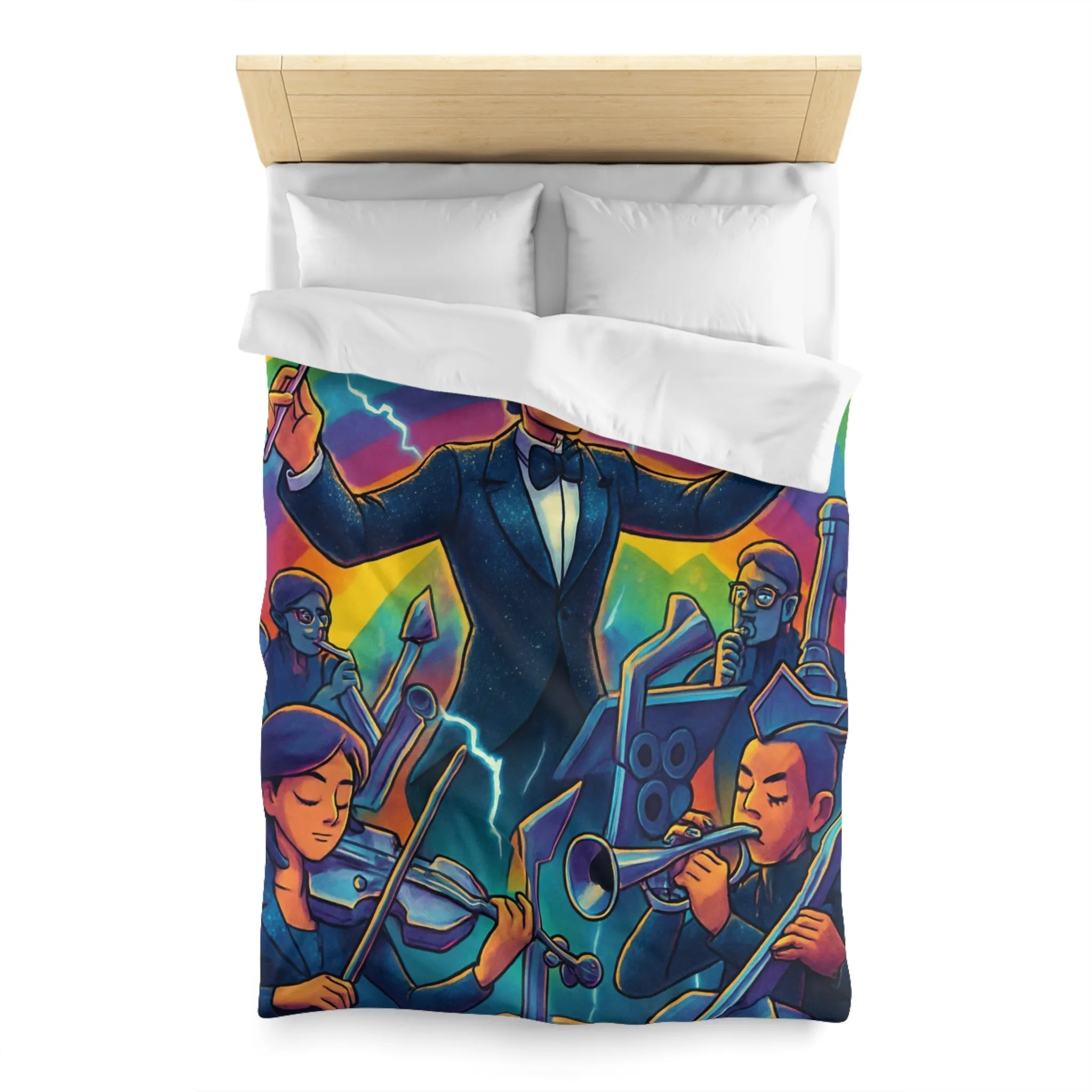 Housse de couette avec orchestre vibrant et chef d’orchestre sous arc-en-ciel lumineux