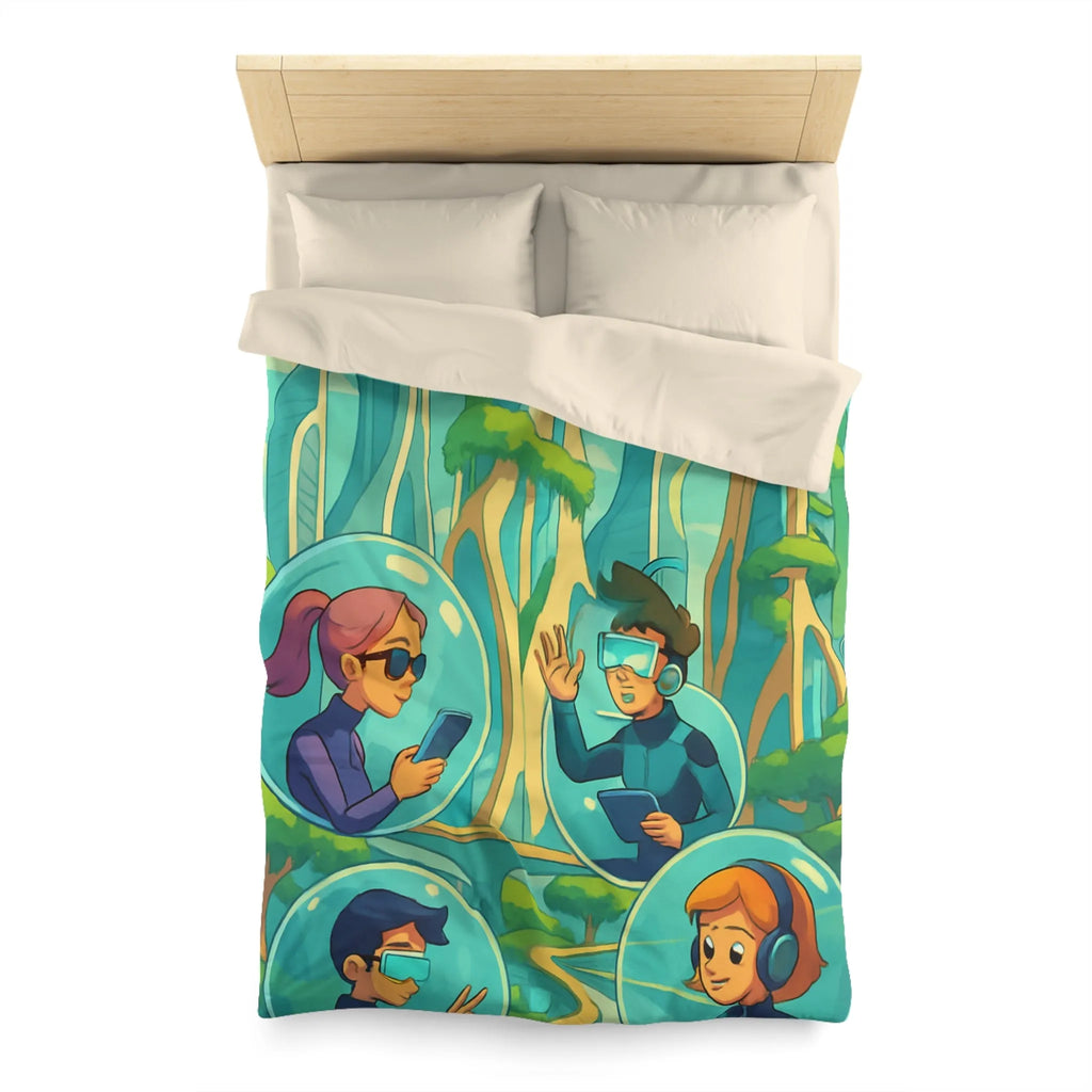 Housse de couette futuriste avec paysage urbain et personnages connectés en réalité augmentée