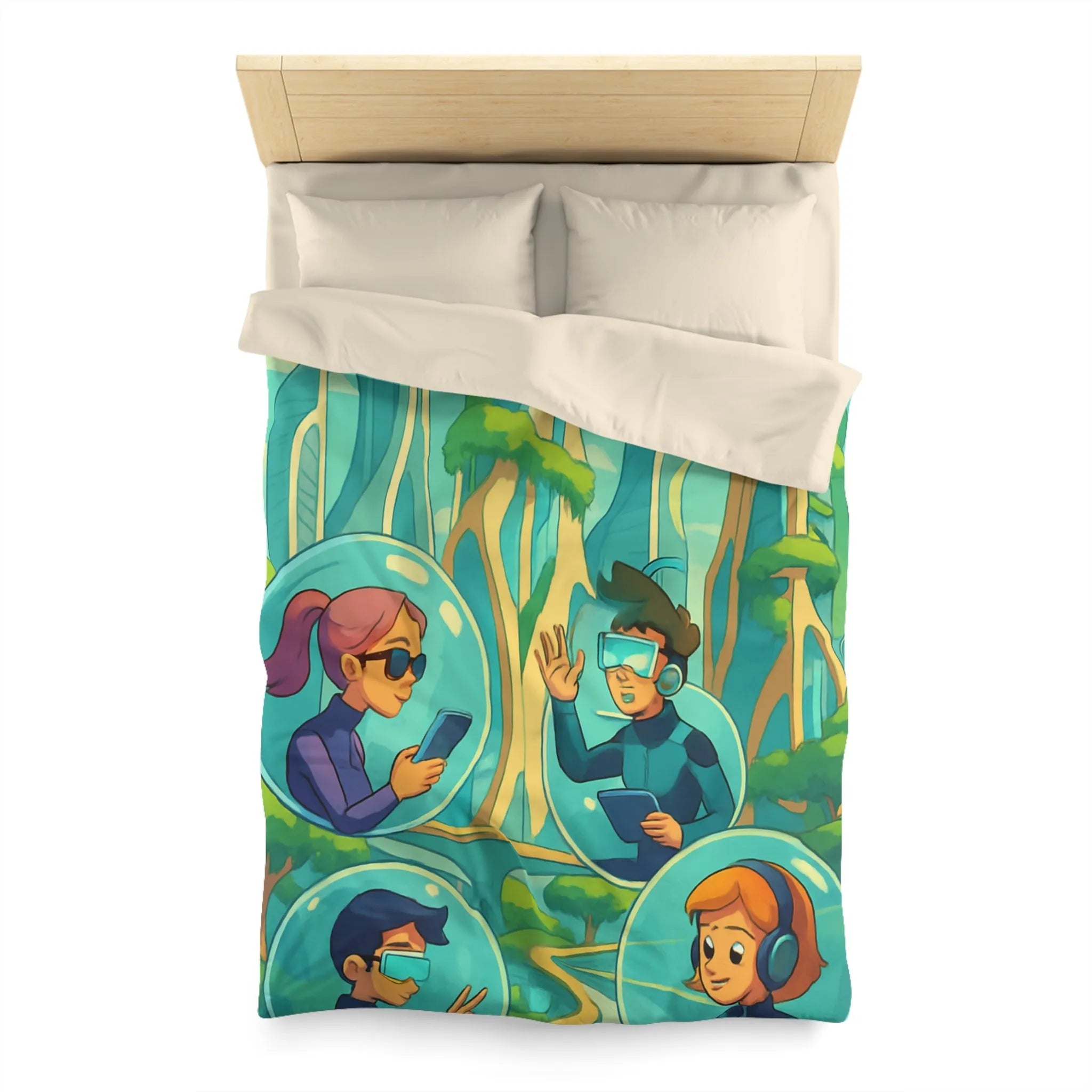 Housse de couette futuriste avec paysage urbain et personnages connectés en réalité augmentée