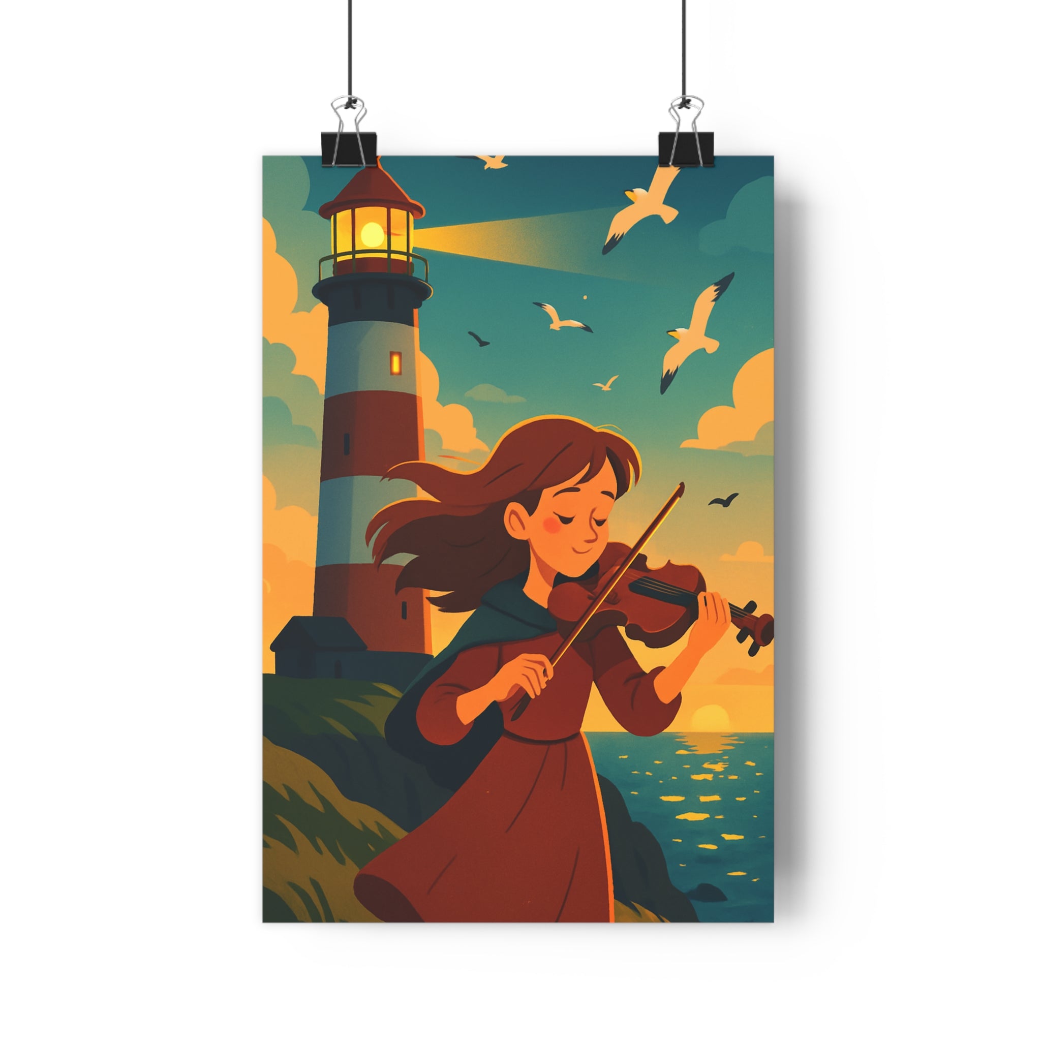 Poster décoratif dessin animé bleu orange serein ambiance marine chambre salon créatif élégant unique