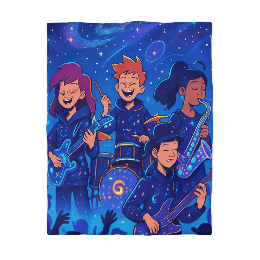 Housse de couette cosmos animée avec jeunes musiciens et instruments lumineux