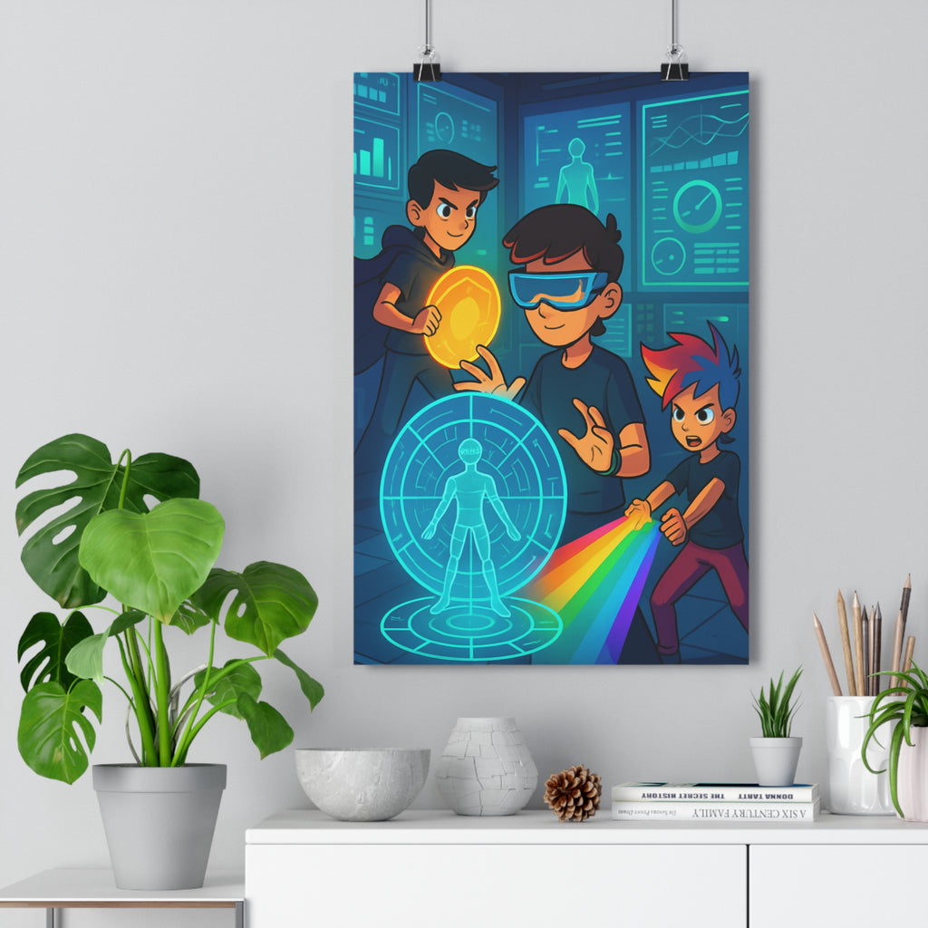 Poster décoratif futuriste bleu lumineux ambiance dynamique chambre enfant technologie moderne héros aventure hologramme
