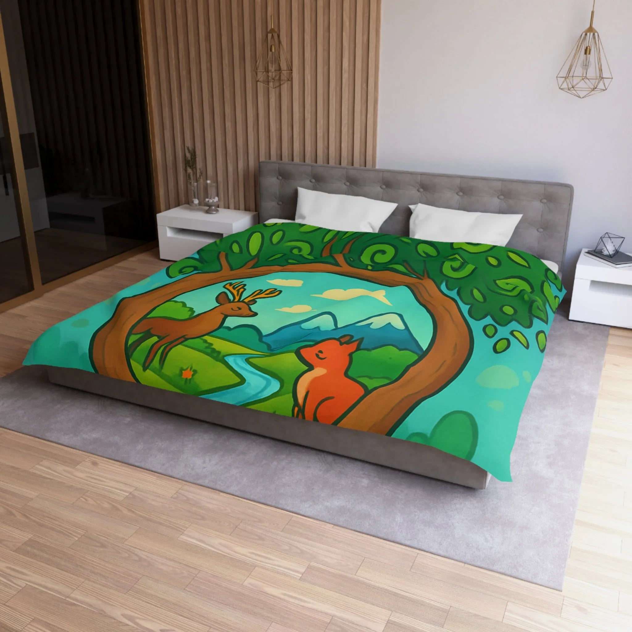 Housse de couette forêt magique avec cerf et renard, design nature peint à la main