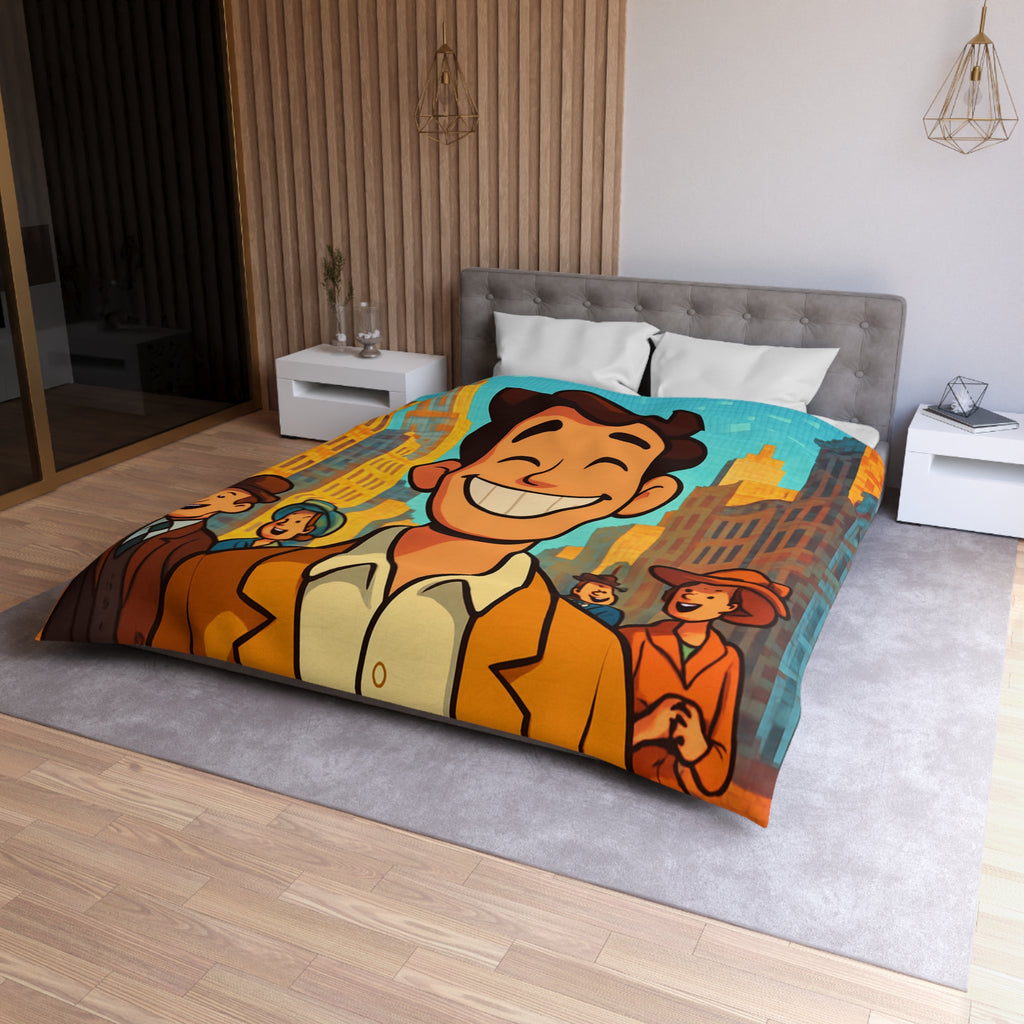 Housse de couette vintage avec personnages souriants et architecture urbaine en arrière-plan