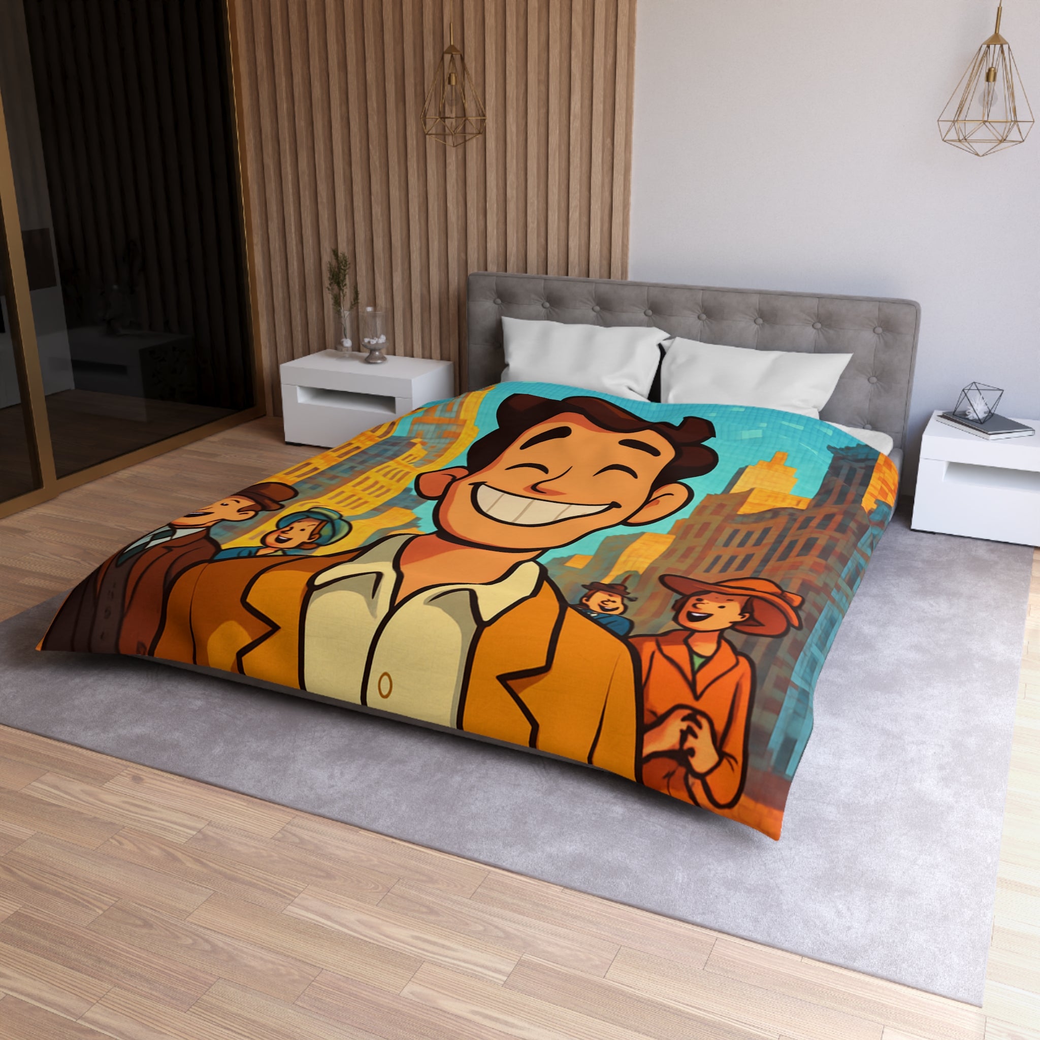 Housse de couette vintage avec personnages souriants et architecture urbaine en arrière-plan