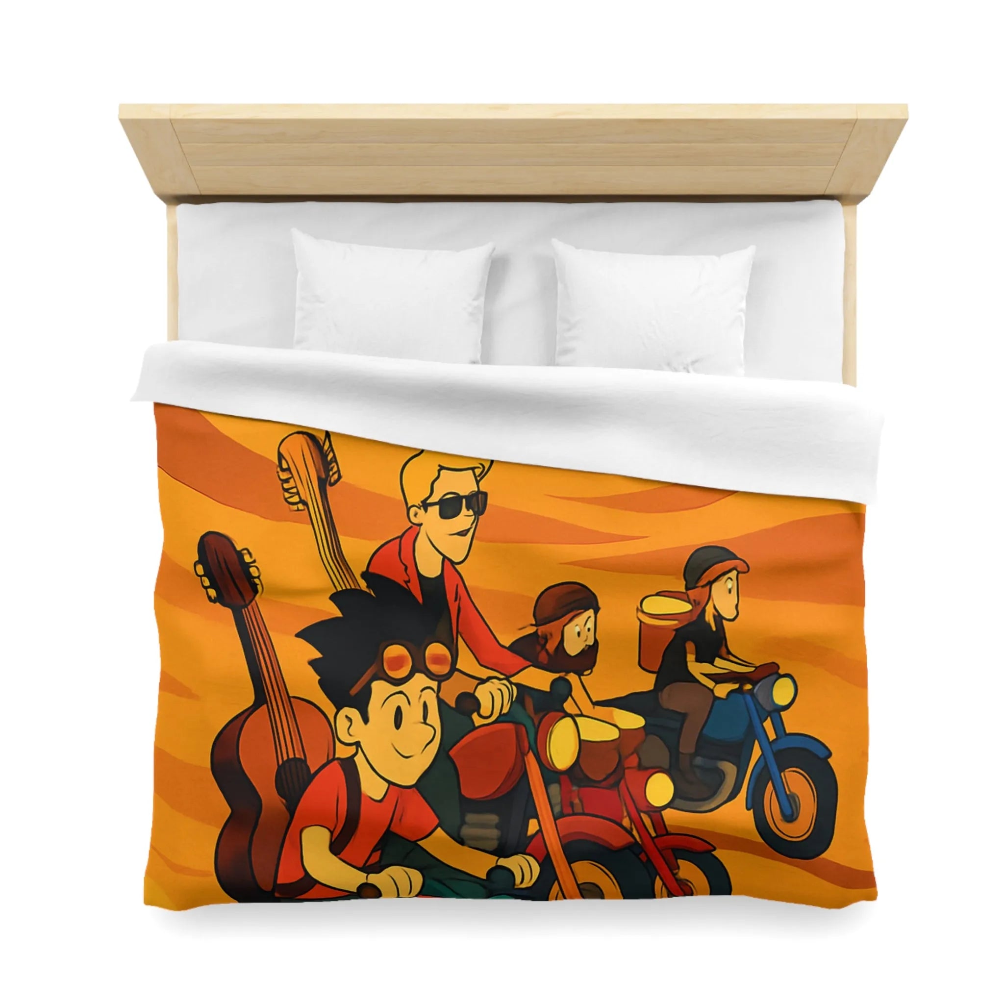 Housse de couette avec aventuriers à moto dans désert vibrant pour chambre unique