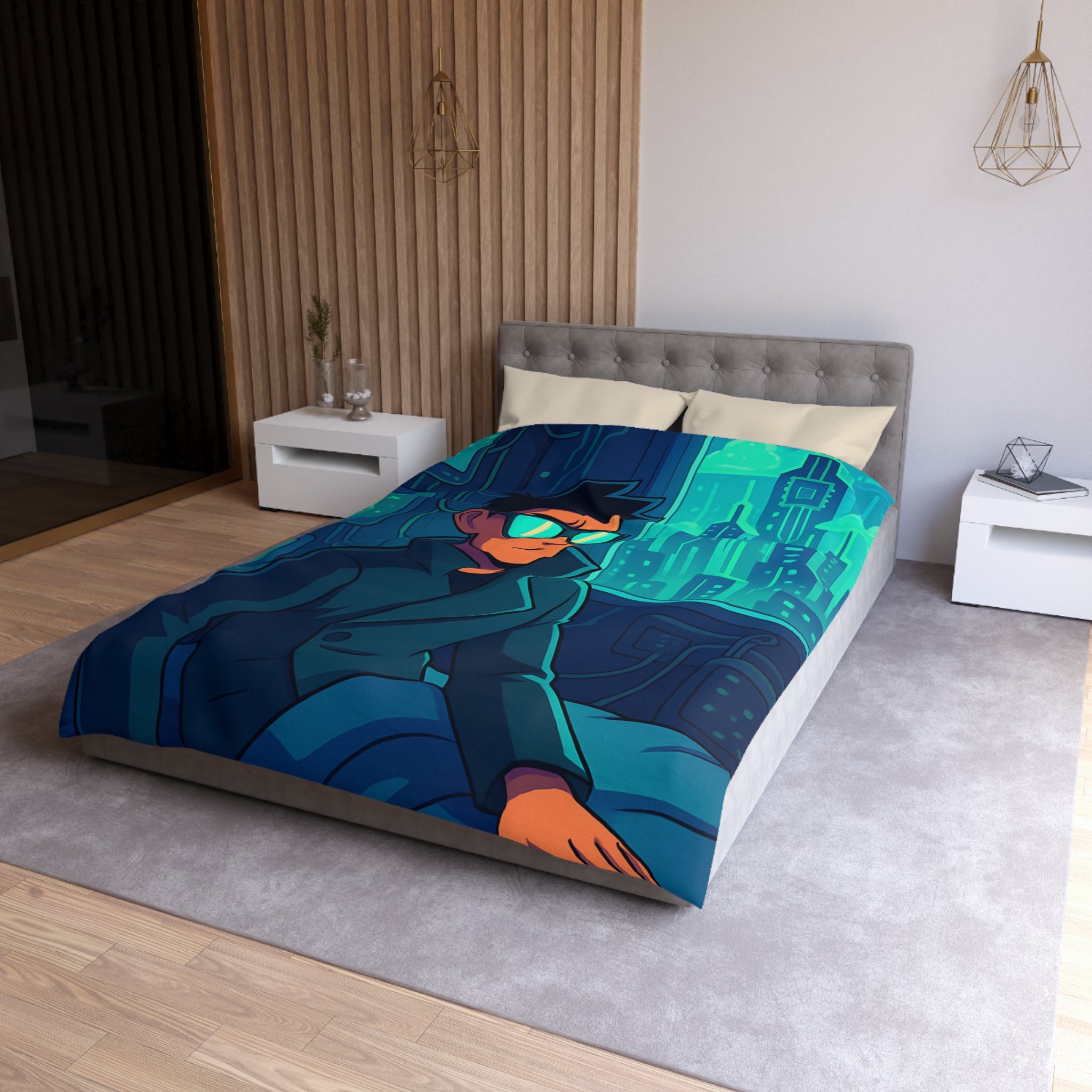 Housse de couette urbaine homme élégant en manteau dans appartement futuriste avec écran