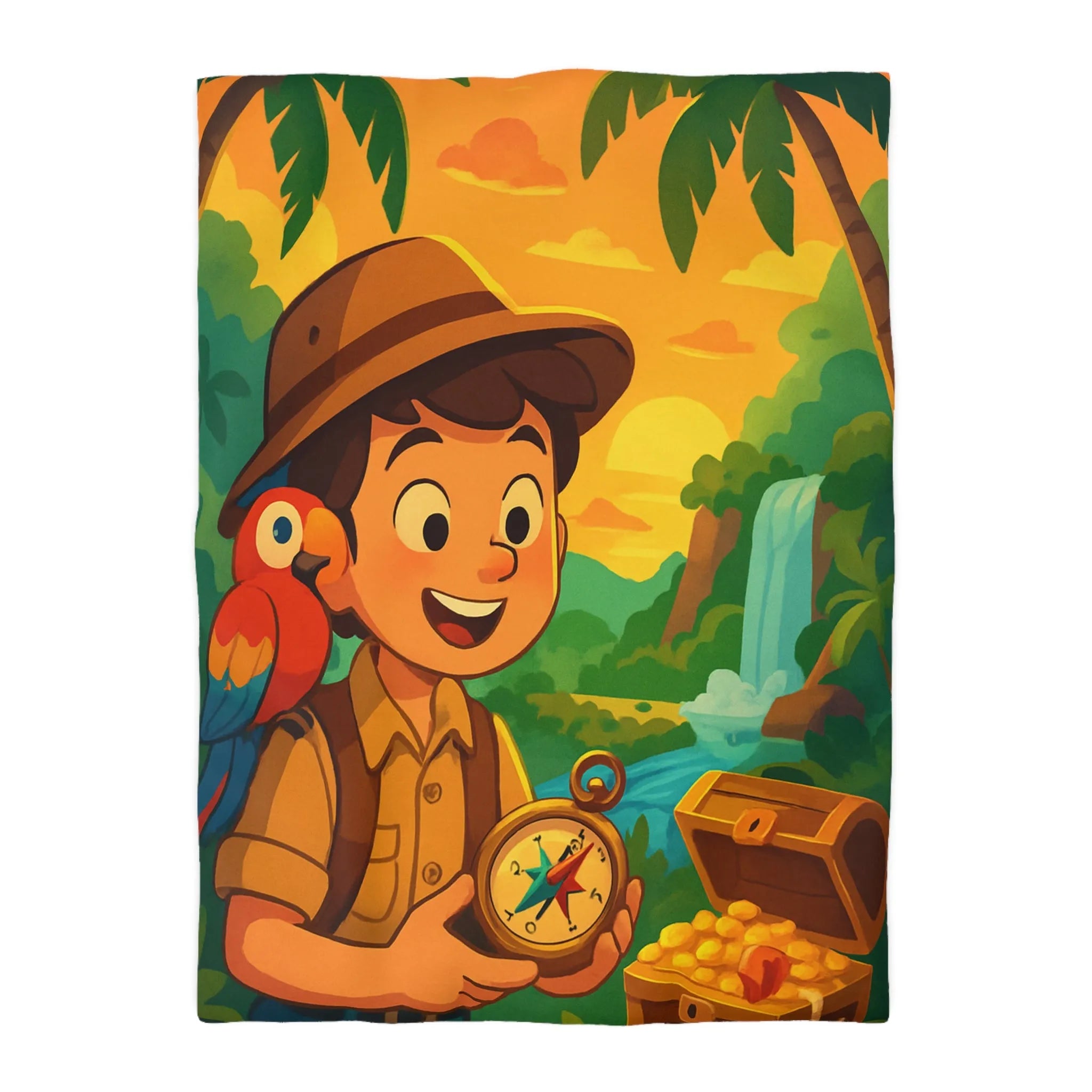 Housse de couette aventure tropicale avec trésor et perroquet pour enfant